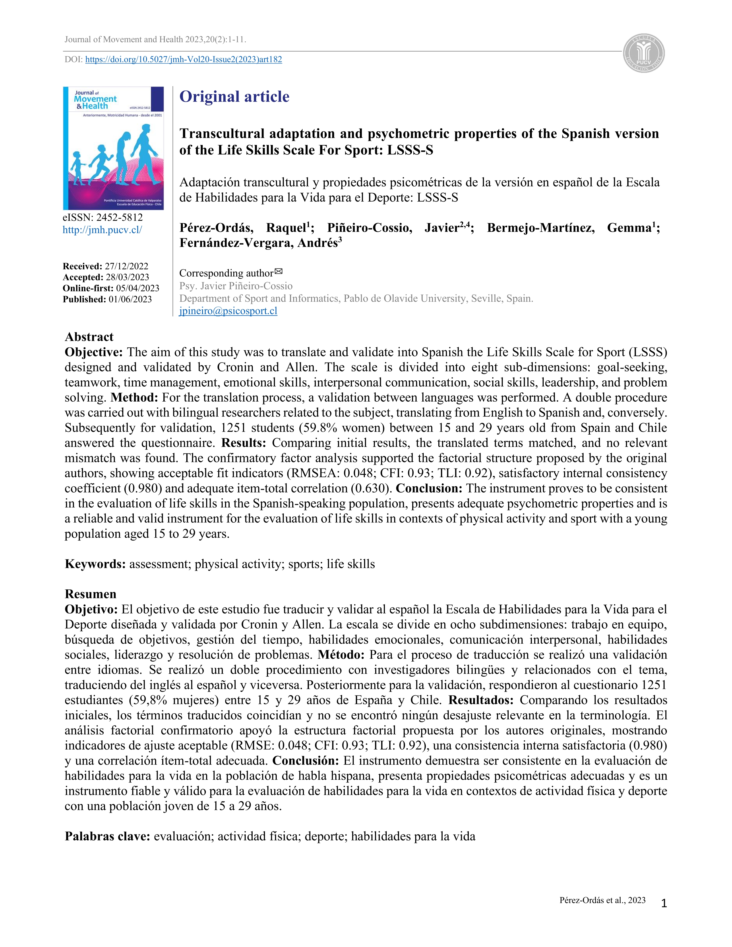 Transcultural adaptation and psychometric properties of the Spanish version of the Life Skills Scale For Sport: LSSS-S