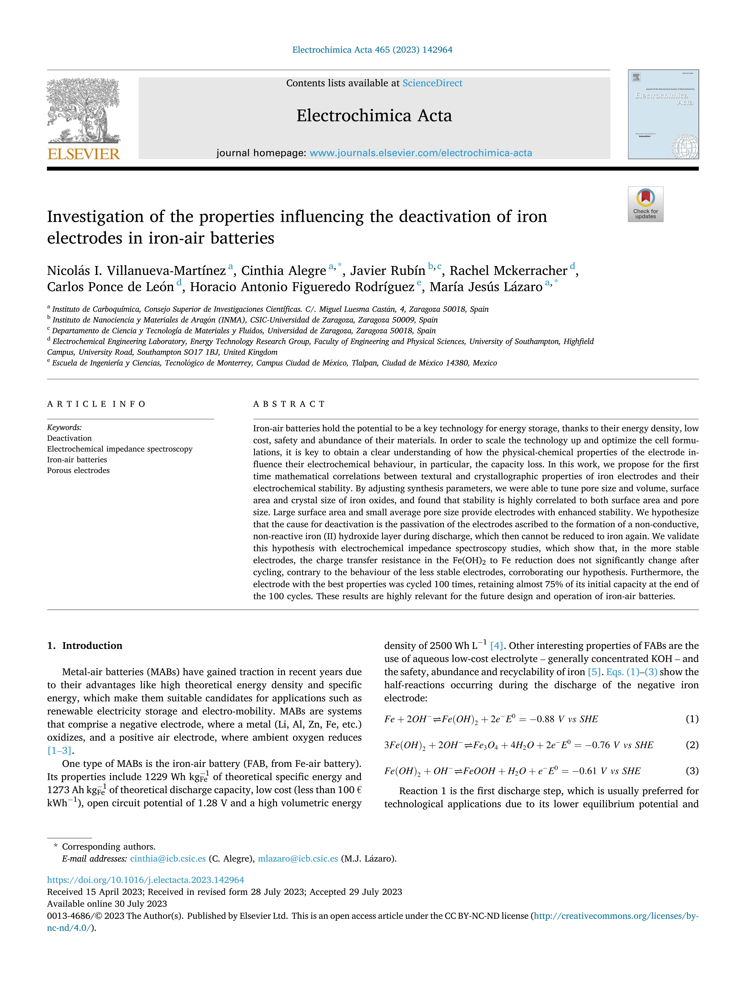 Investigation of the properties influencing the deactivation of iron electrodes in iron-air batteries