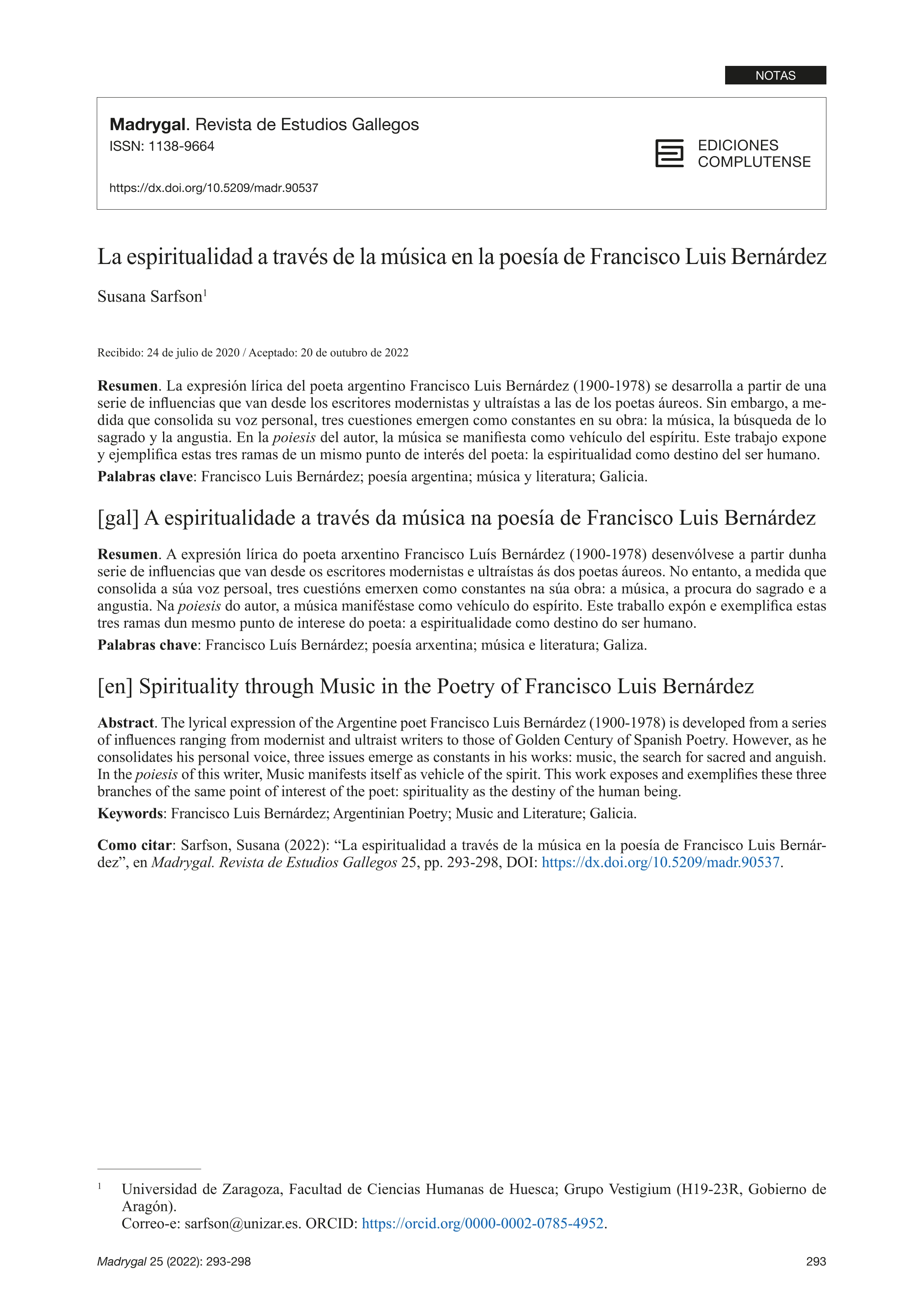 La espiritualidad a través de la música en la poesía de Francisco Luis Bernárdez