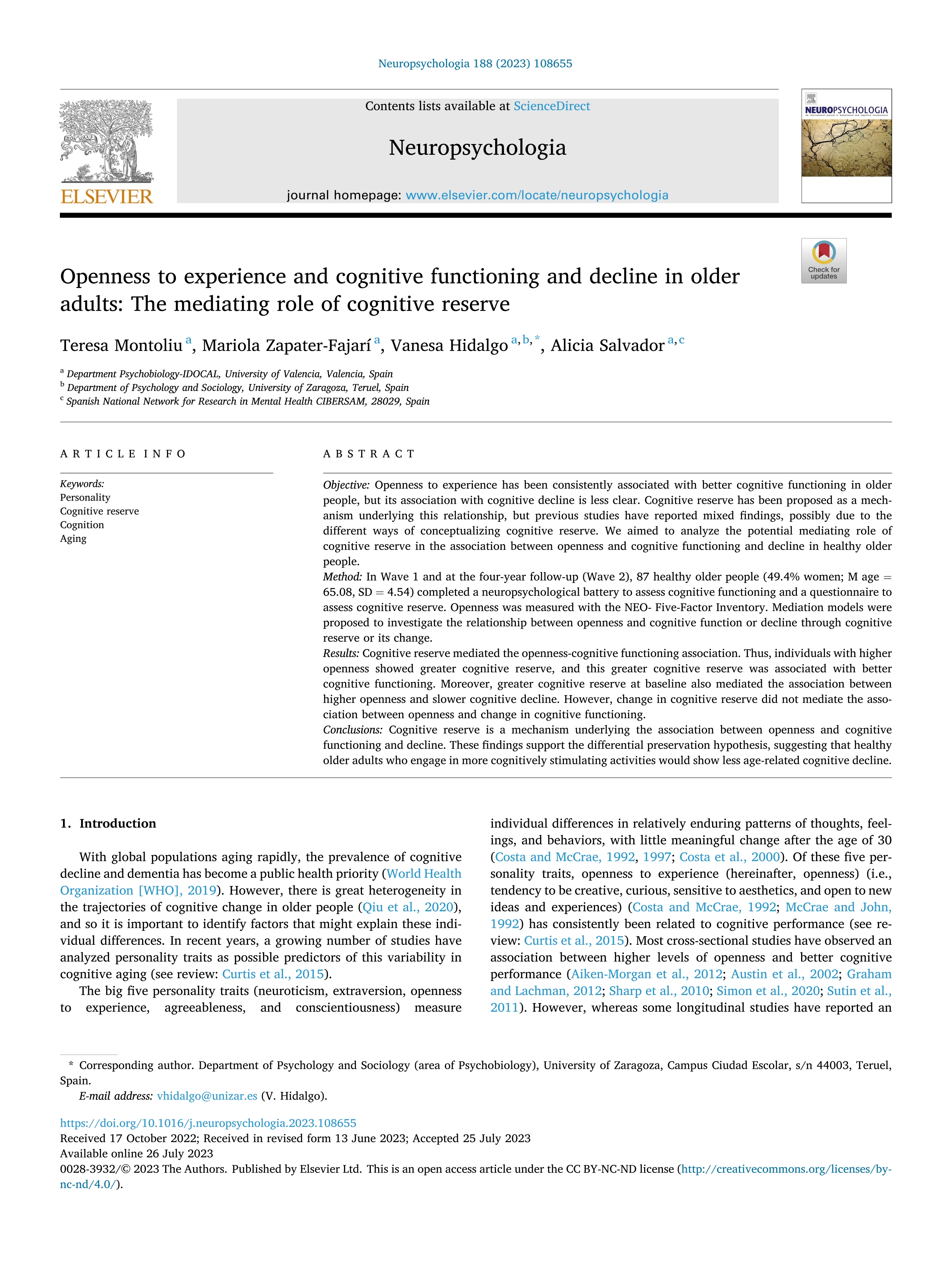 Openness to experience and cognitive functioning and decline in older adults: The mediating role of cognitive reserve
