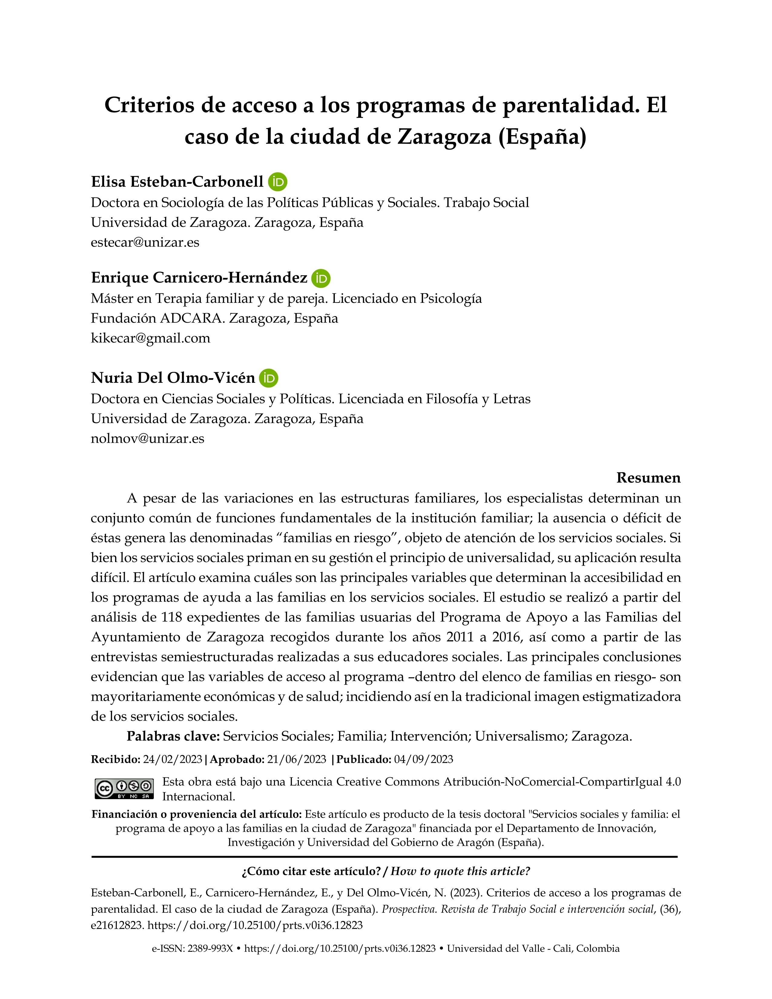 Criterios de acceso a los programas de parentalidad. El caso de la ciudad de Zaragoza (España)