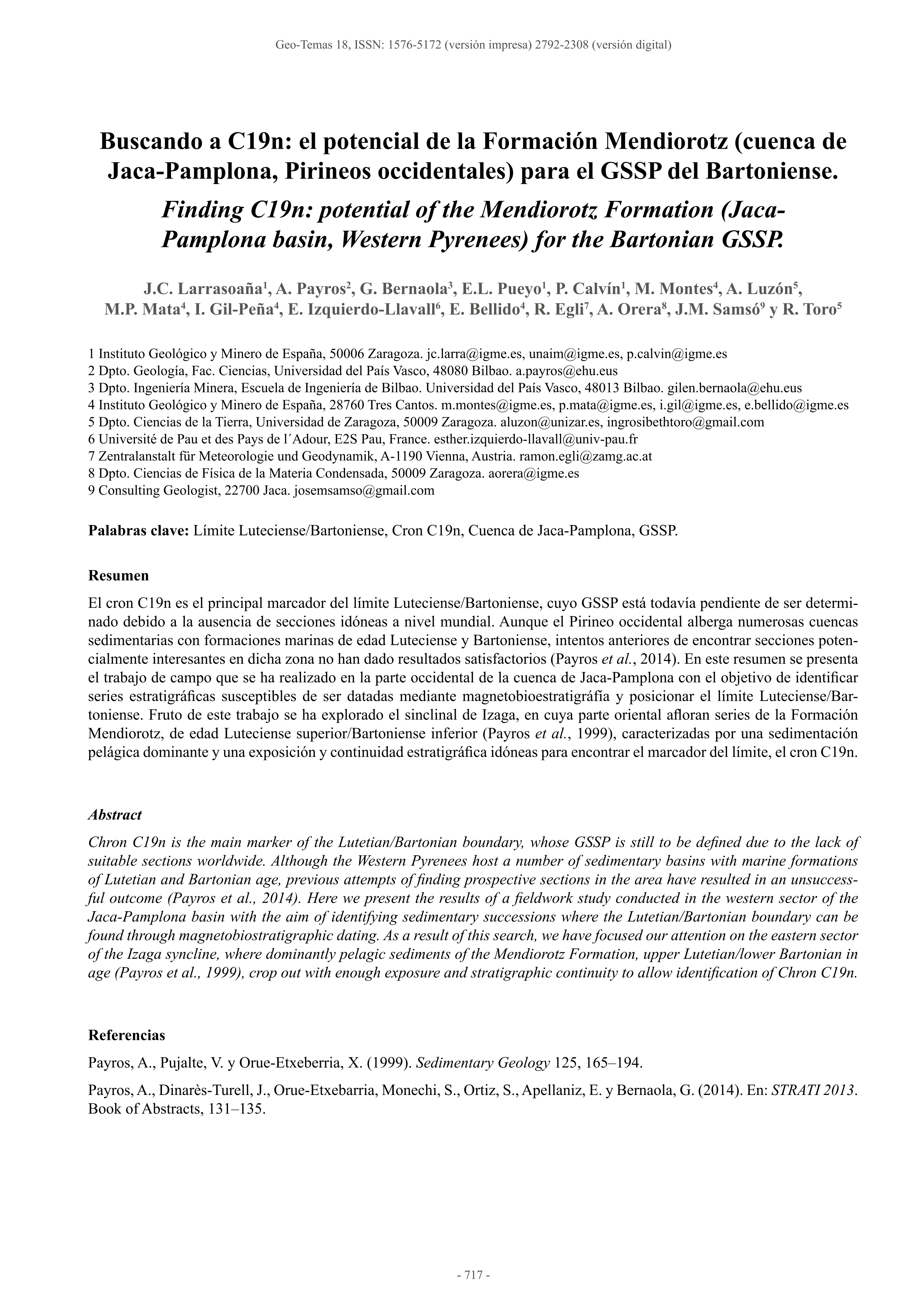 Buscando a C19n: el potencial de la Formación Mendiorotz (cuenca de Jaca-Pamplona, Pirineos occidentales) para el GSSP del Bartoniense