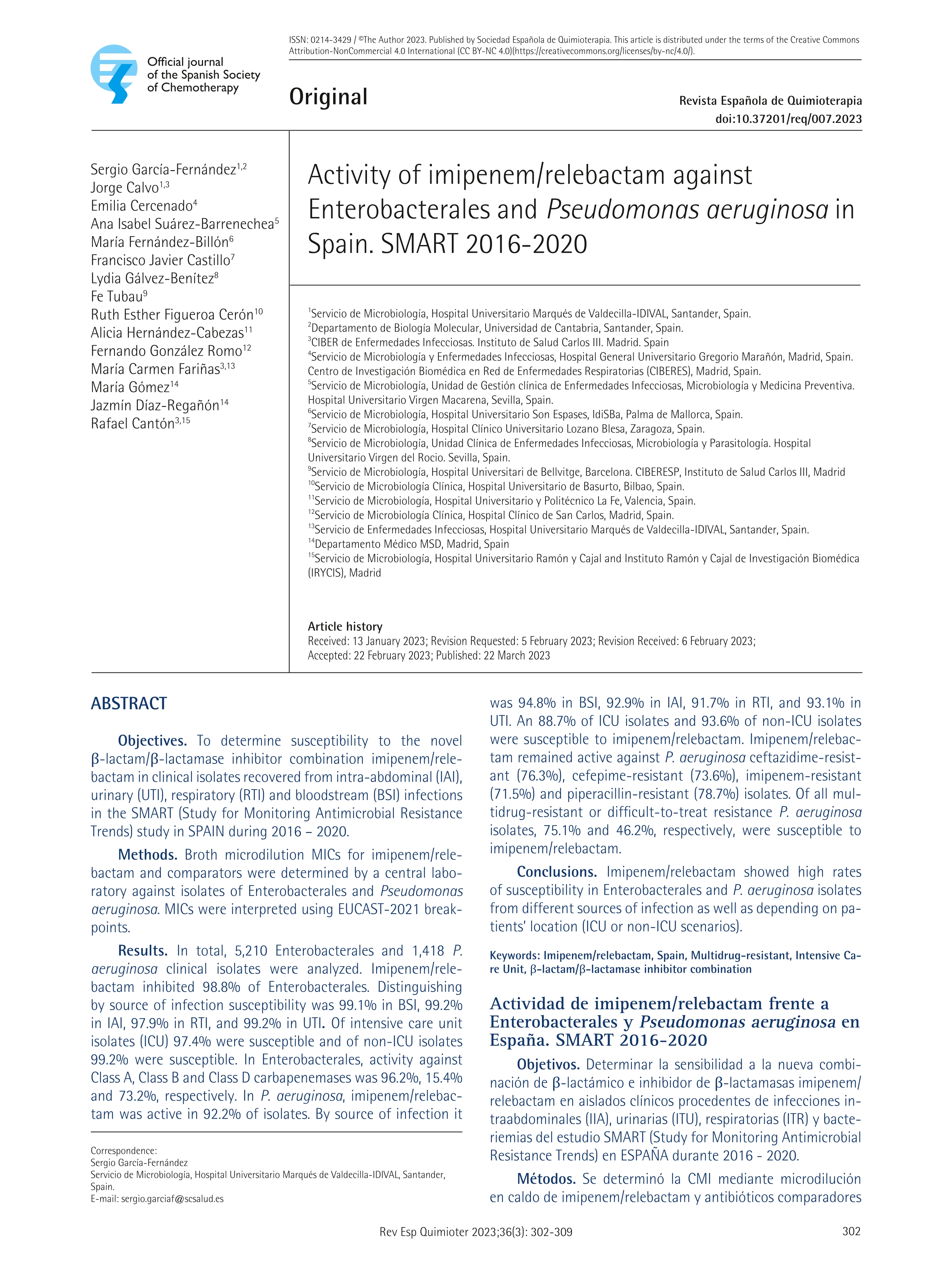 Activity of imipenem/relebactam against Enterobacterales and Pseudomonas aeruginosa in Spain. SMART 2016-2020