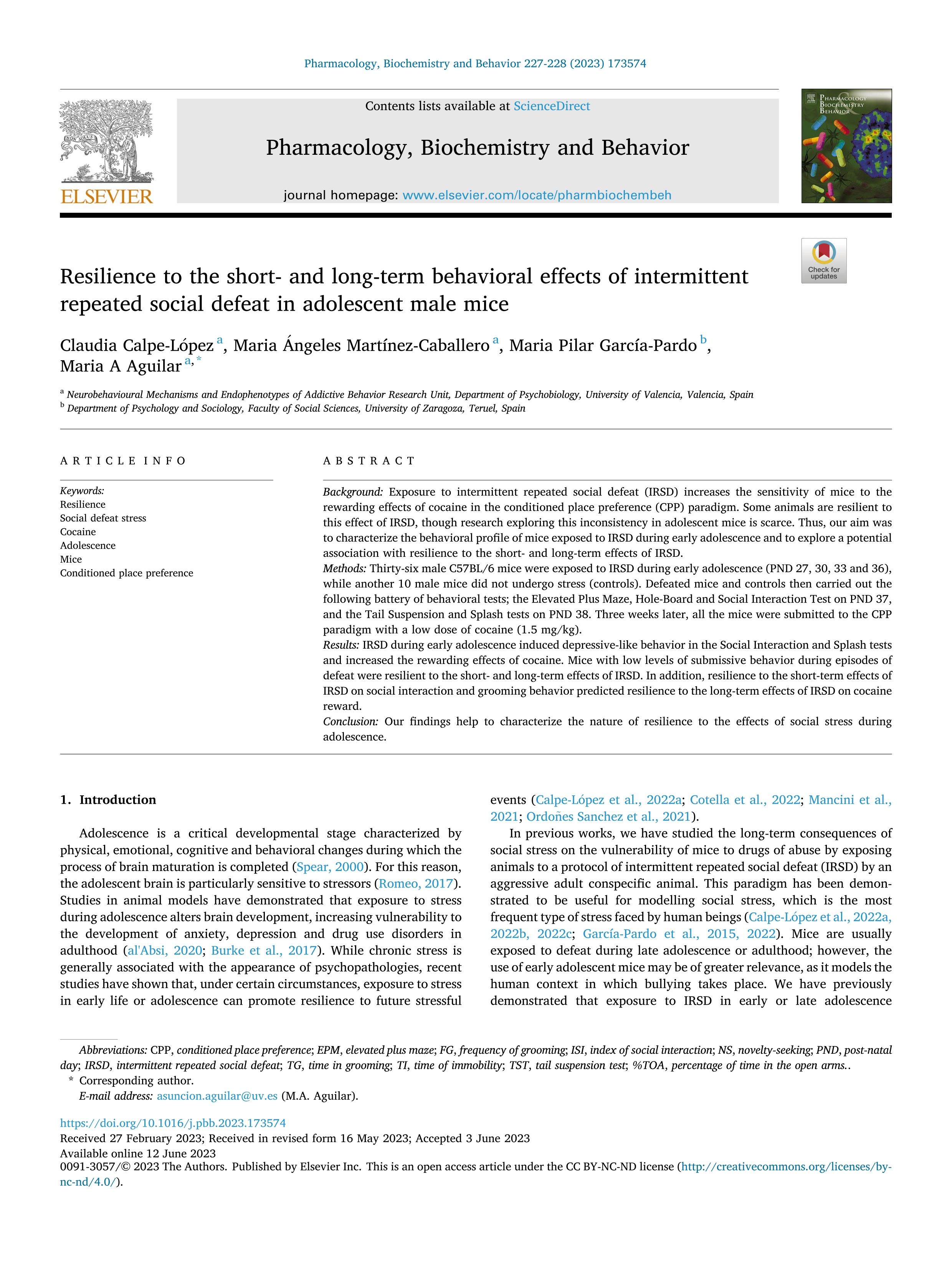 Resilience to the short- and long-term behavioral effects of intermittent repeated social defeat in adolescent male mice