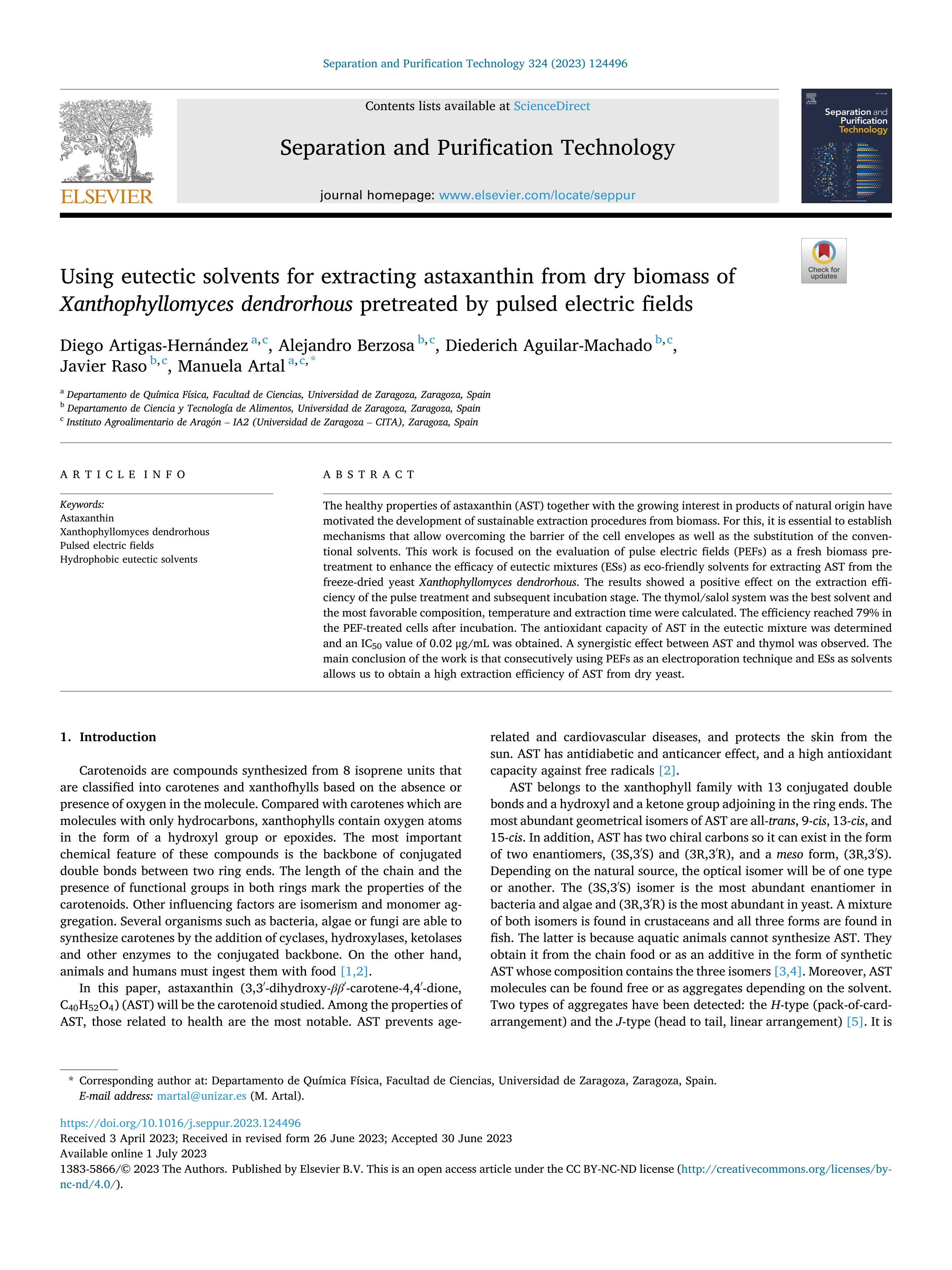 Using eutectic solvents for extracting astaxanthin from dry biomass of Xanthophyllomyces dendrorhous pretreated by pulsed electric fields