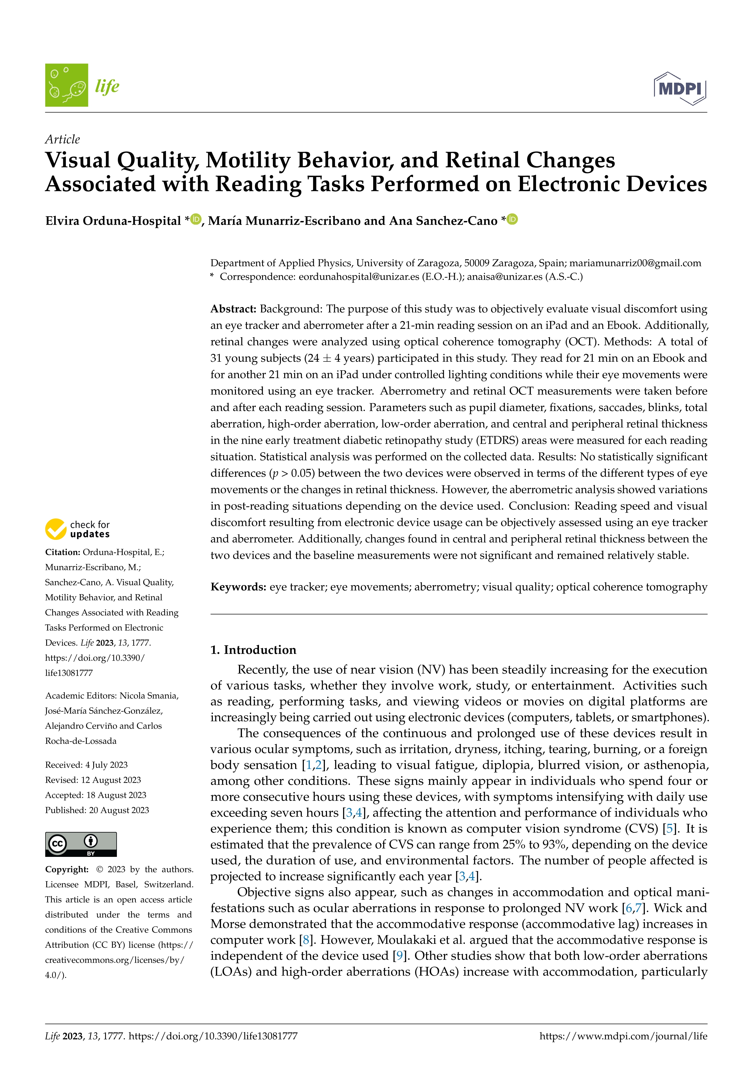 Visual Quality, Motility Behavior, and Retinal Changes Associated with Reading Tasks Performed on Electronic Devices