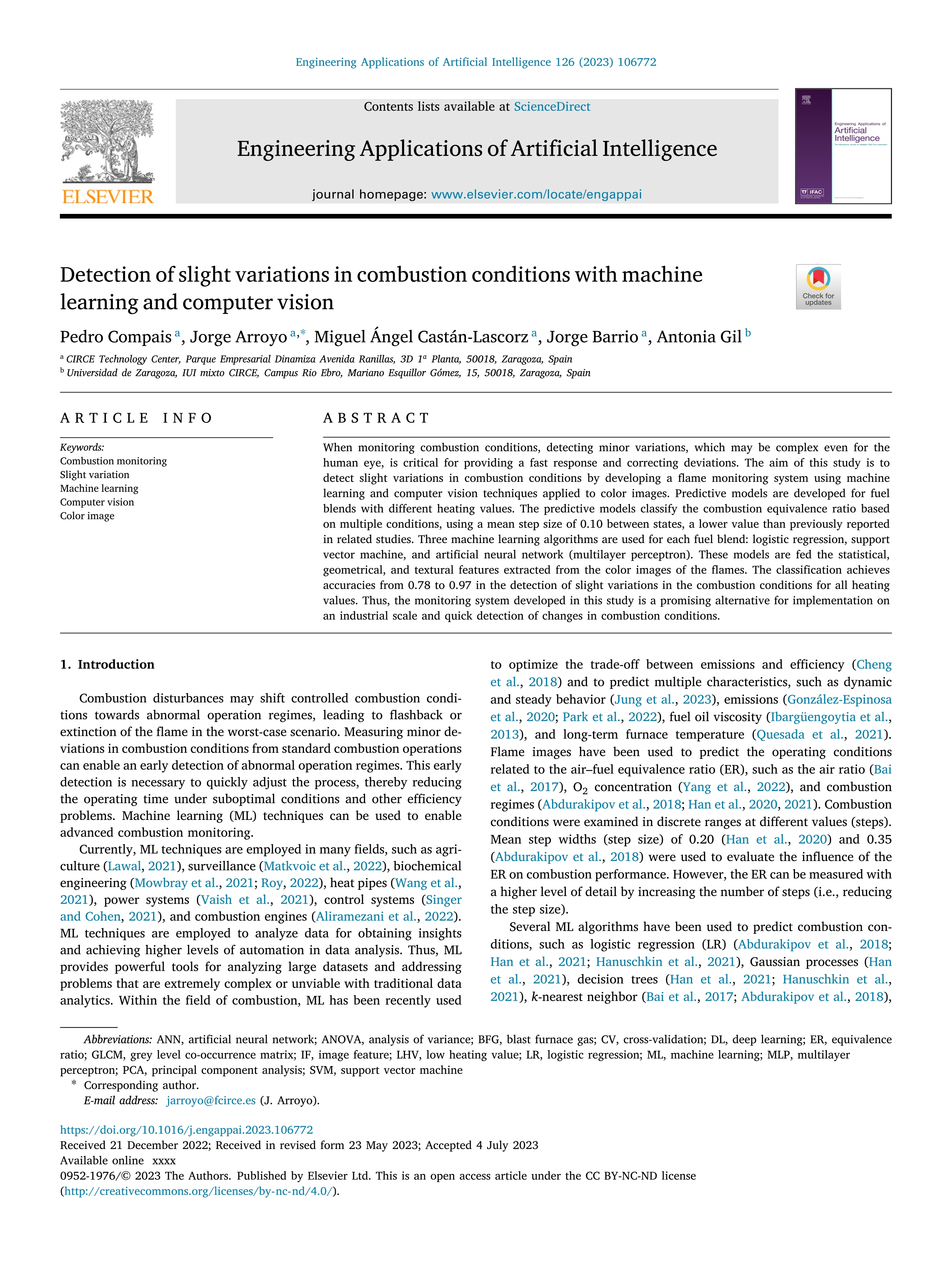 Detection of slight variations in combustion conditions with machine learning and computer vision