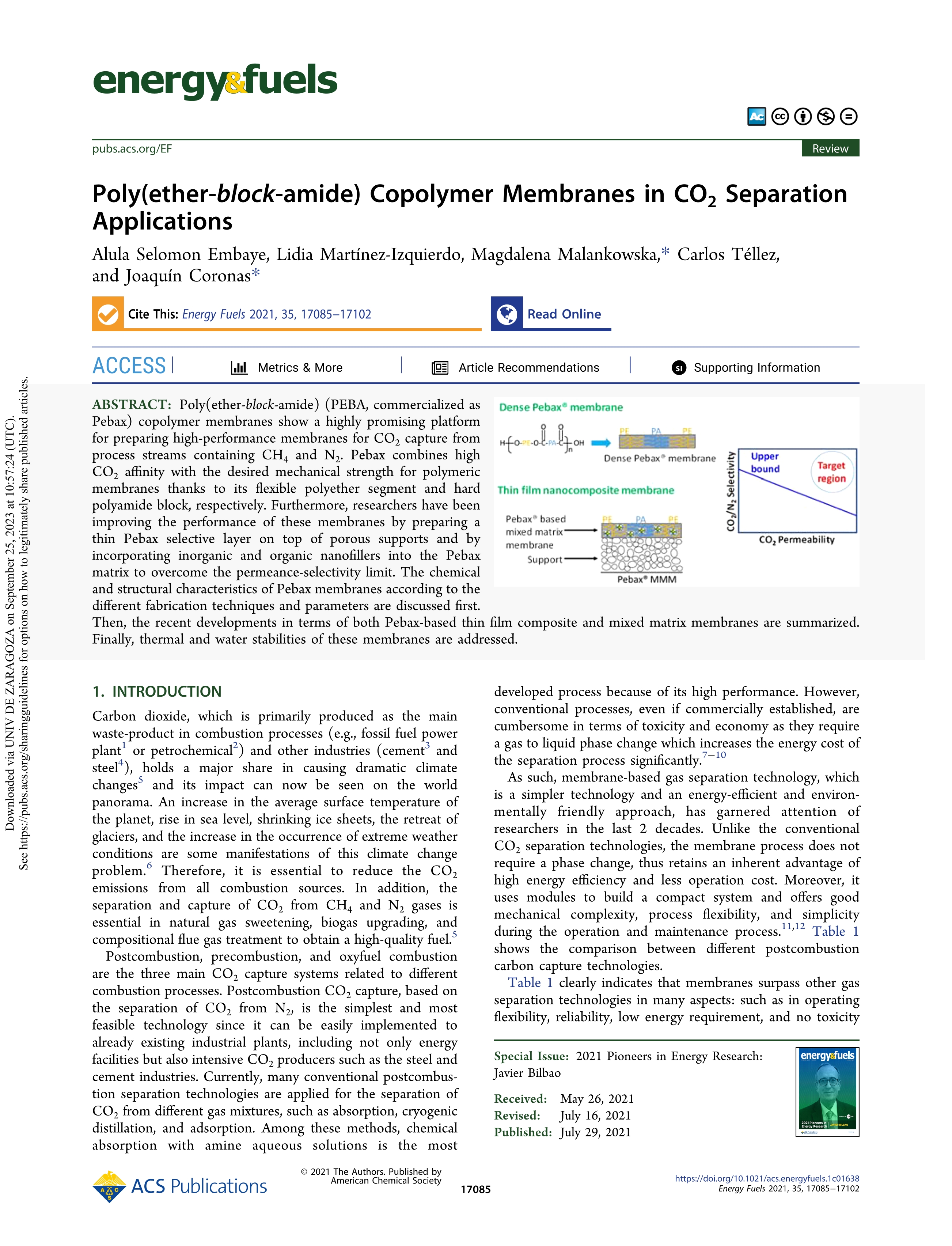 Poly(ether-block-amide) copolymer membranes in CO2 separation applications