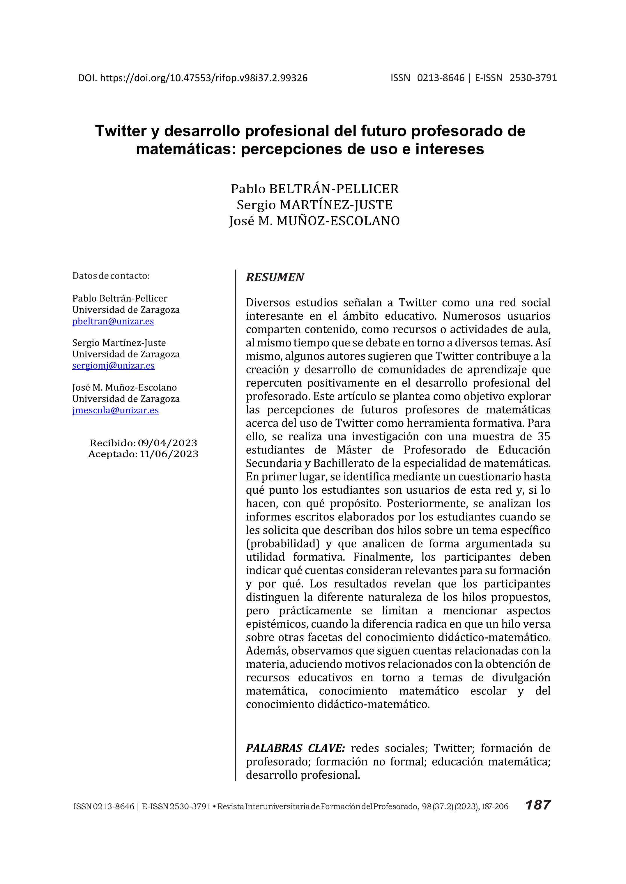 Twitter y desarrollo profesional del futuro profesorado de matemáticas: percepciones de uso e intereses