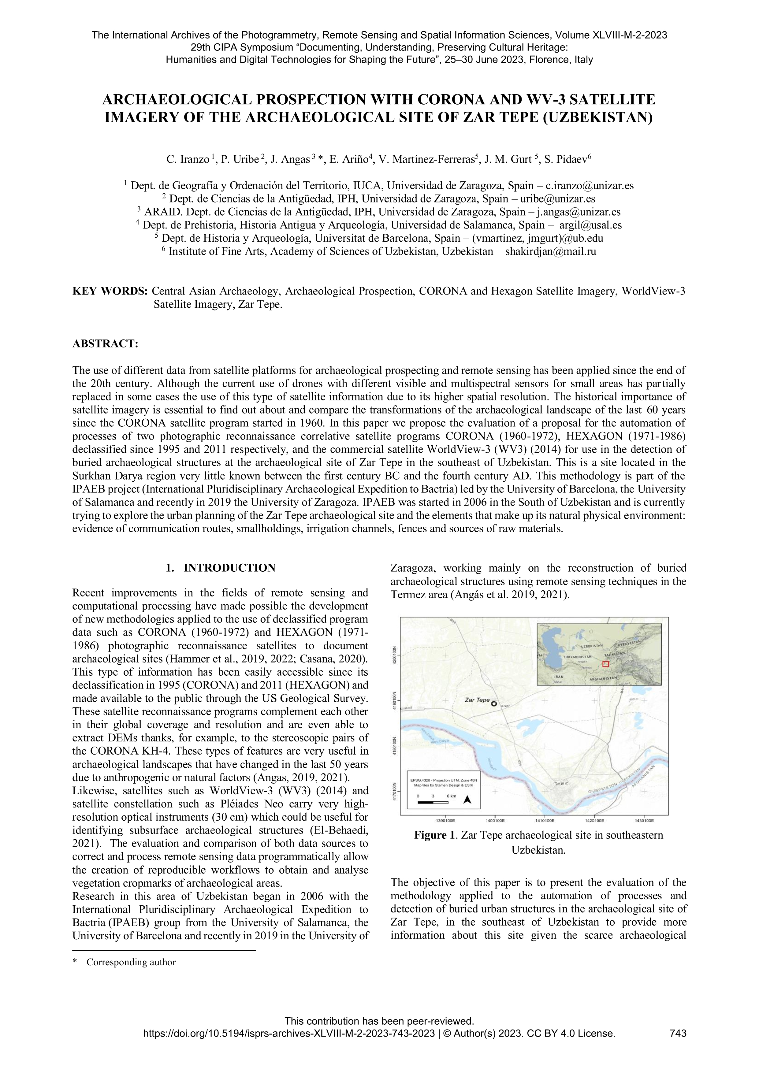 Archaeological prospection with corona and wv-3 satellite imagery of the archaeological site of zar tepe (uzbekistan)