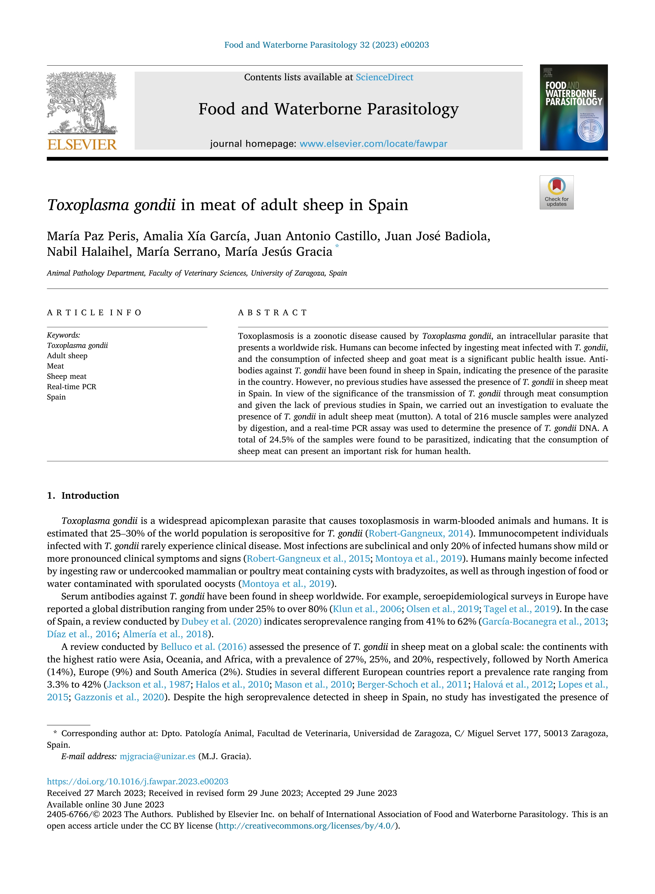 Toxoplasma gondii in meat of adult sheep in Spain
