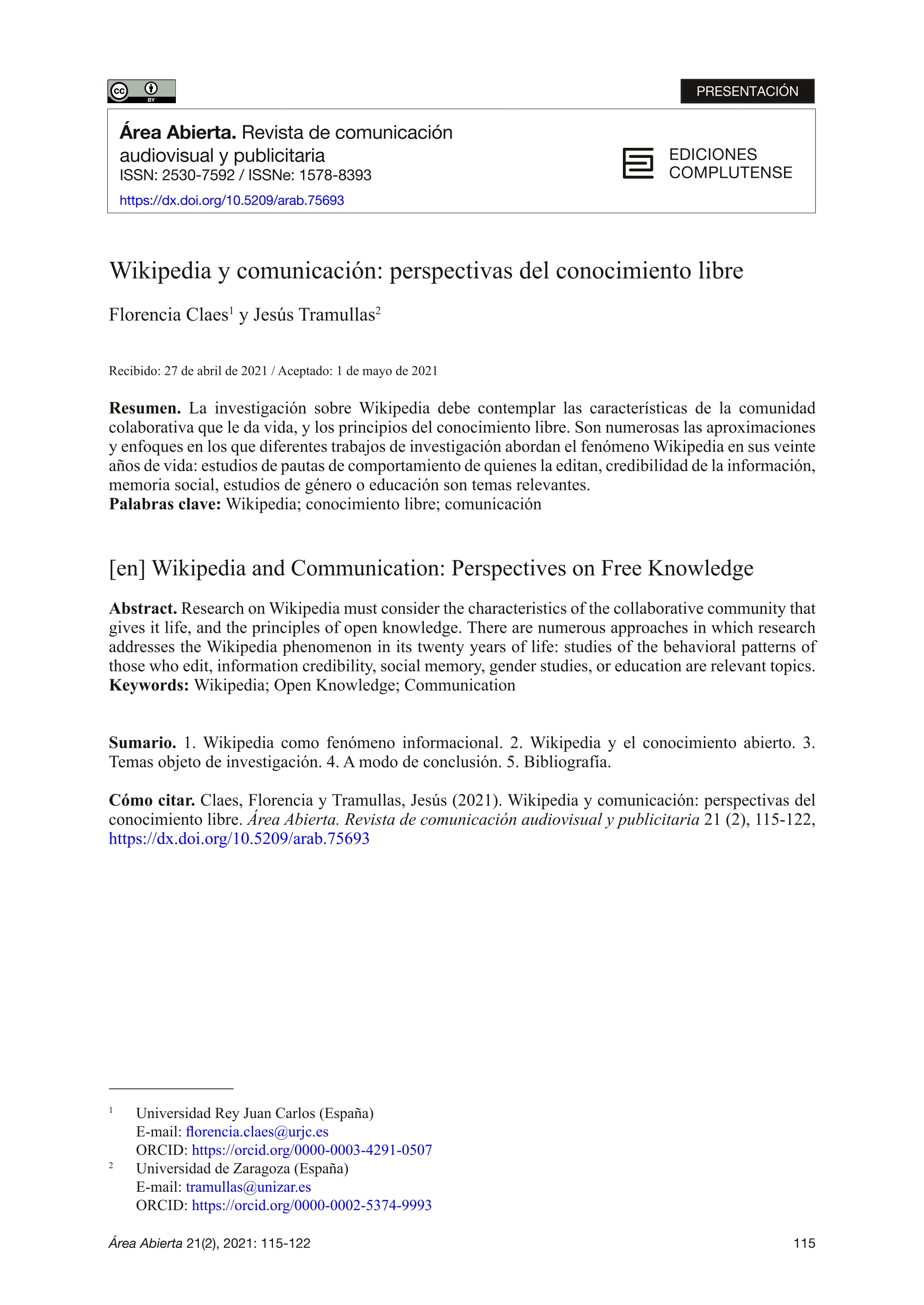 Wikipedia y comunicación: perspectivas del conocimiento libre