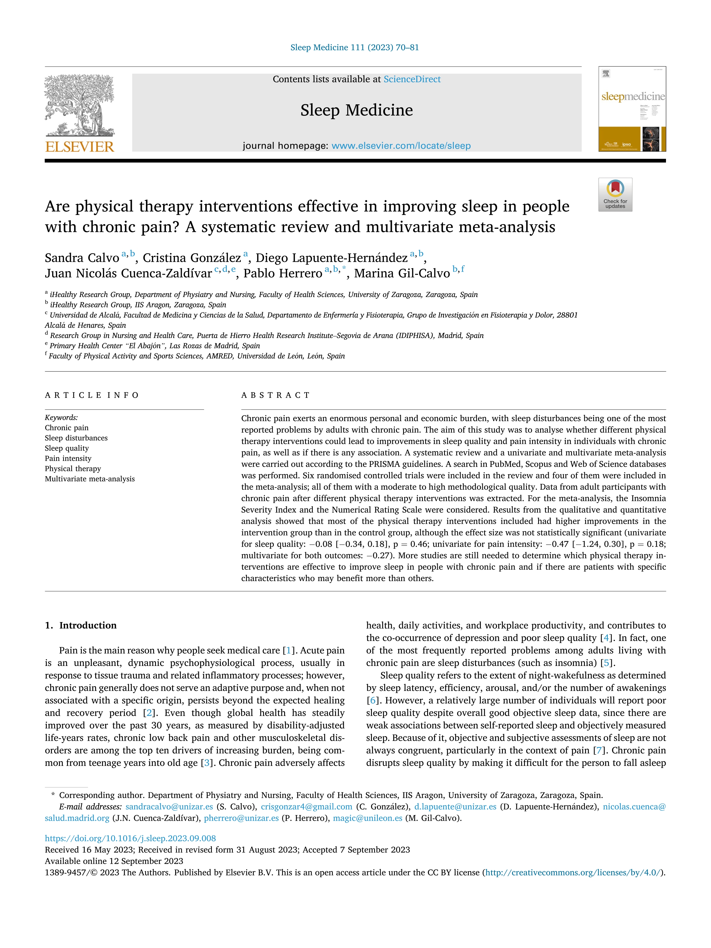 Are physical therapy interventions effective in improving sleep in people with chronic pain? A systematic review and multivariate meta-analysis