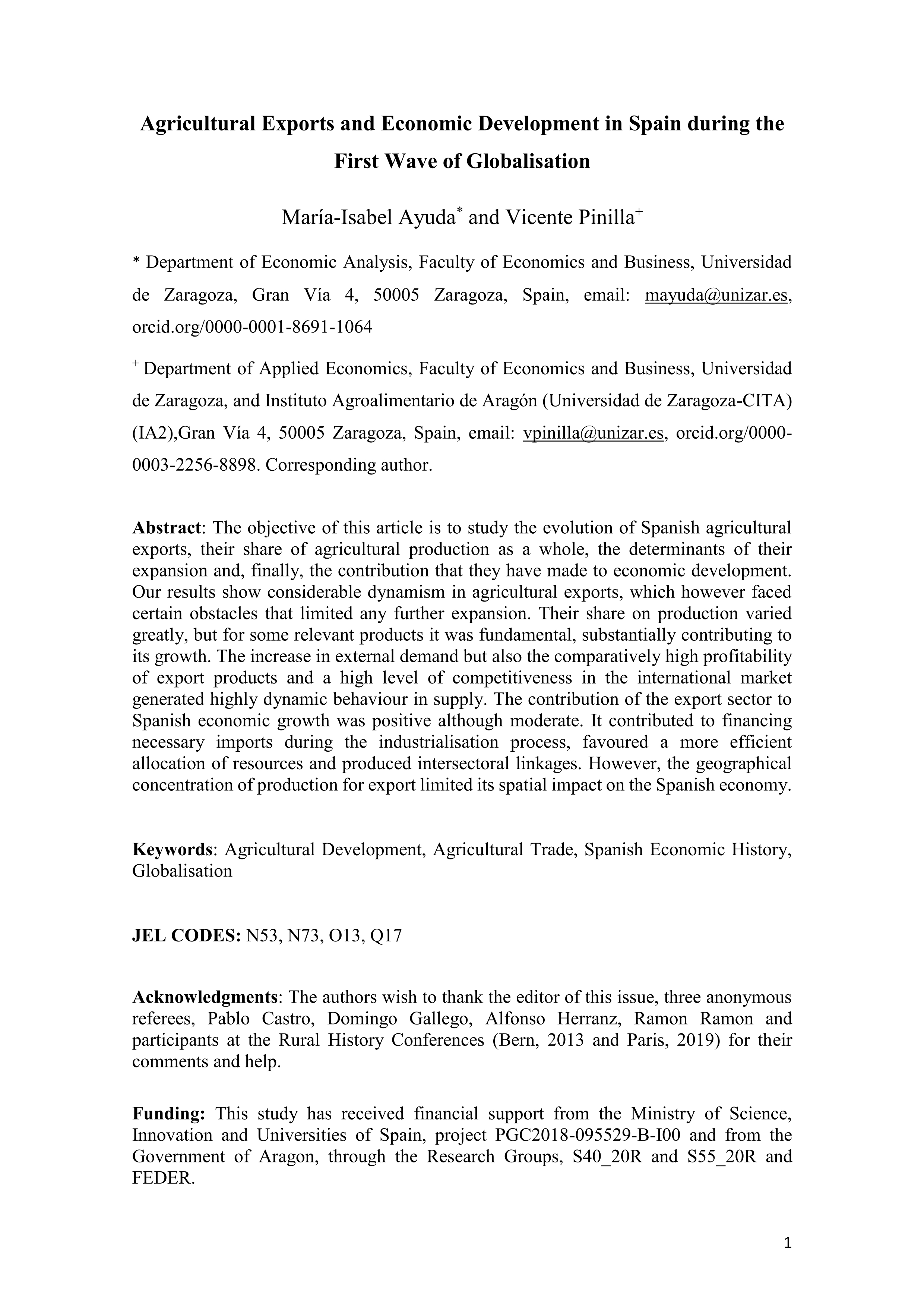 Agricultural exports and economic development in Spain during the first wave of globalisation