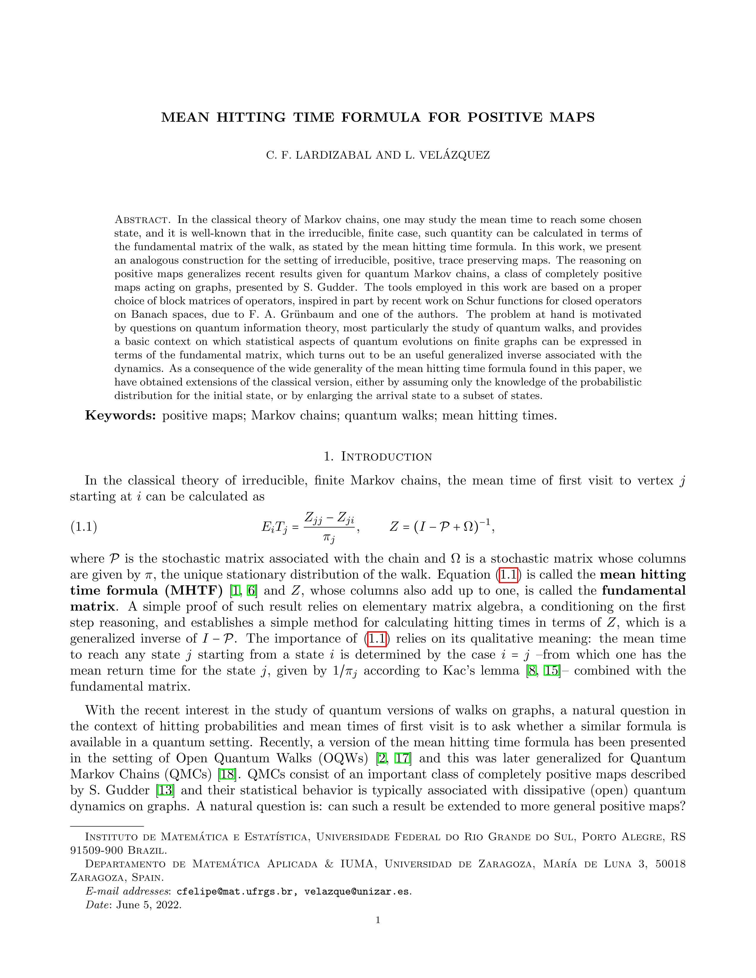 Mean hitting time formula for positive maps