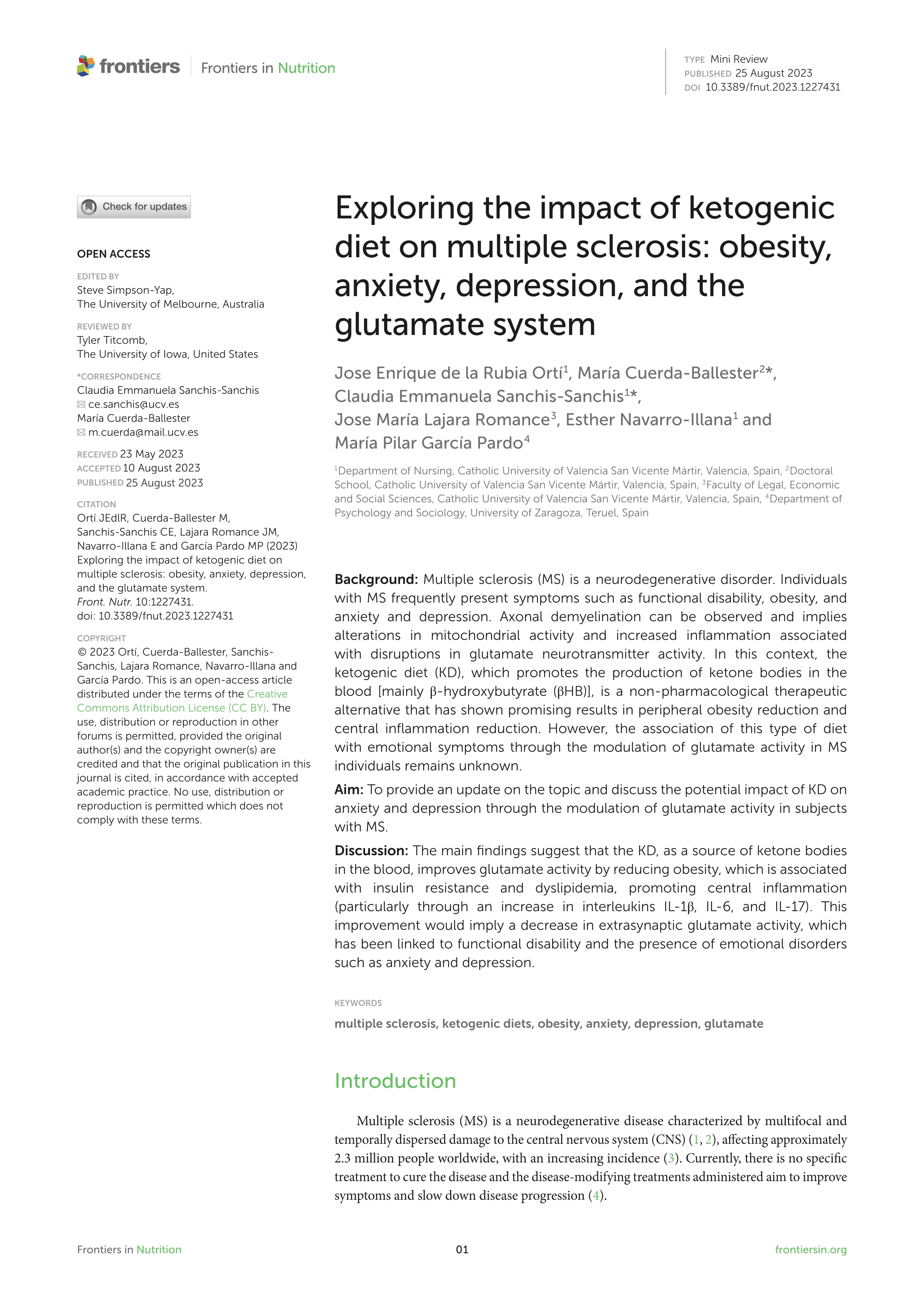 Exploring the impact of ketogenic diet on multiple sclerosis: obesity, anxiety, depression, and the glutamate system