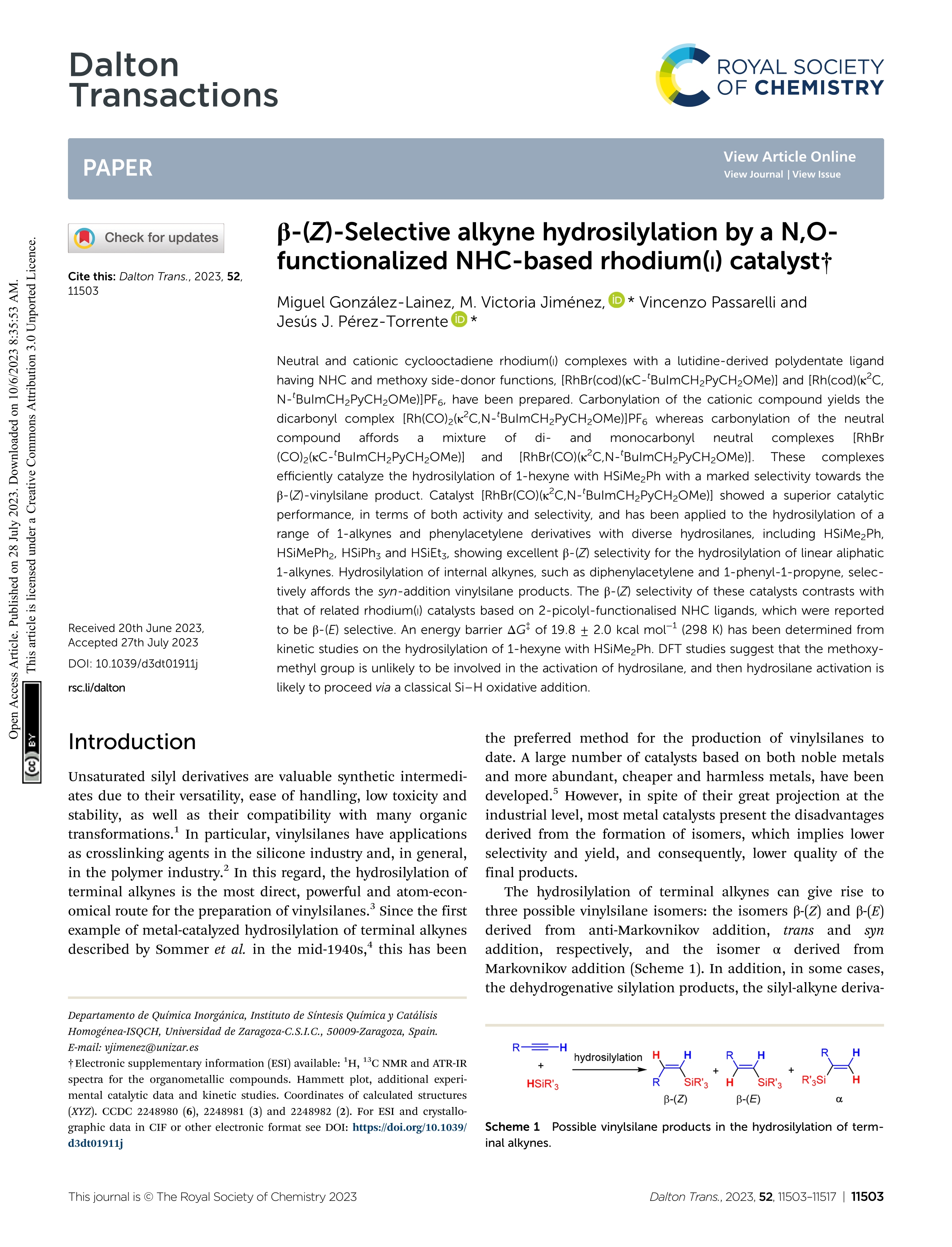 ß-(Z)-Selective alkyne hydrosilylation by a N,O-functionalized NHC-based rhodium(i) catalyst