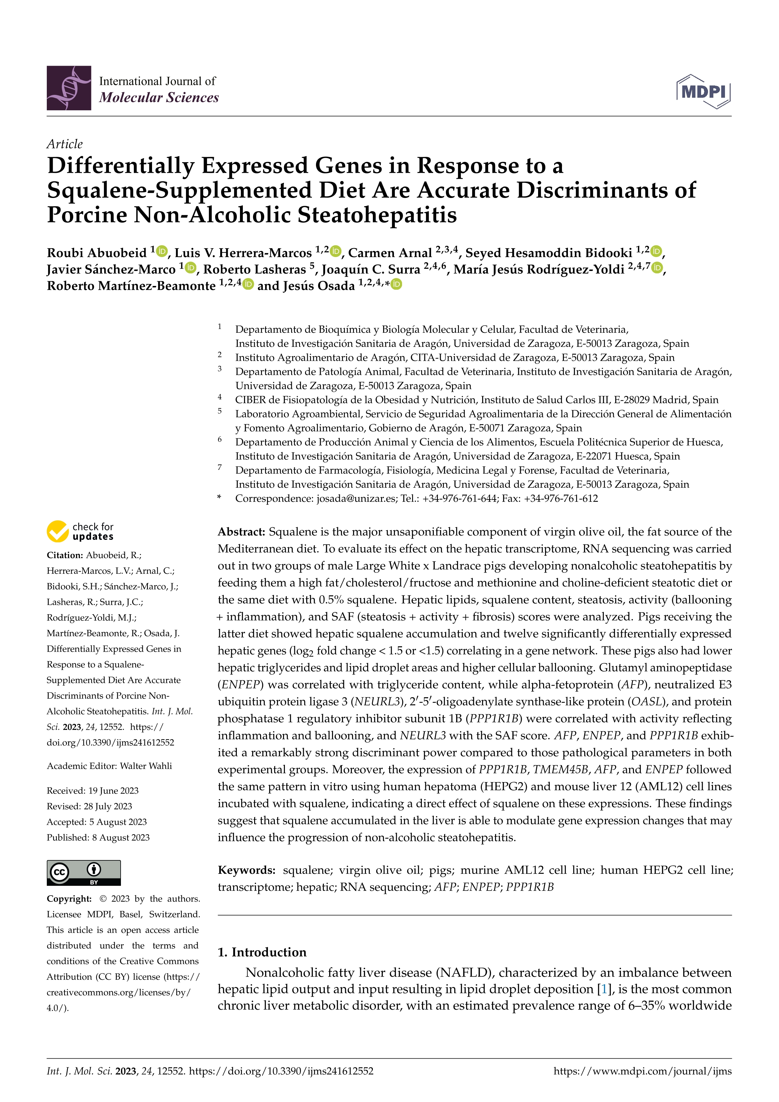 Differentially Expressed Genes in Response to a Squalene-Supplemented Diet Are Accurate Discriminants of Porcine Non-Alcoholic Steatohepatitis