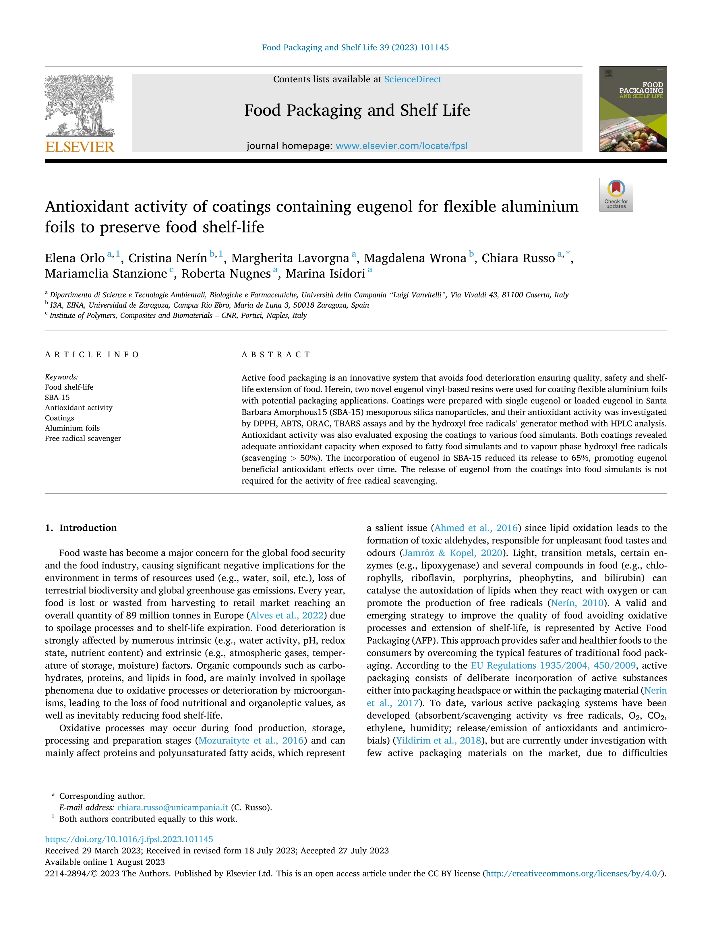 Antioxidant activity of coatings containing eugenol for flexible aluminium foils to preserve food shelf-life