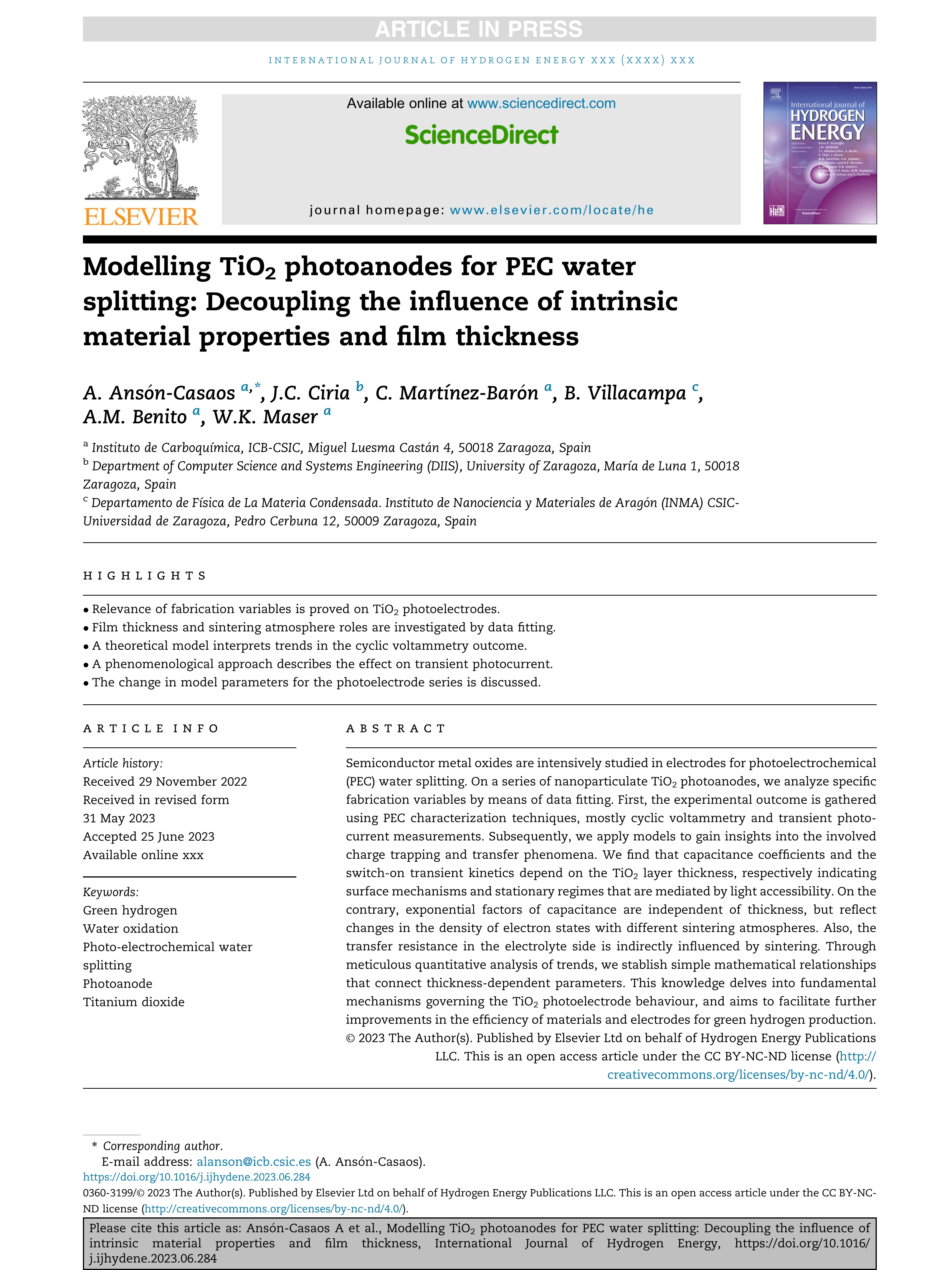 Modelling TiO2 photoanodes for PEC water splitting: Decoupling the influence of intrinsic material properties and film thickness