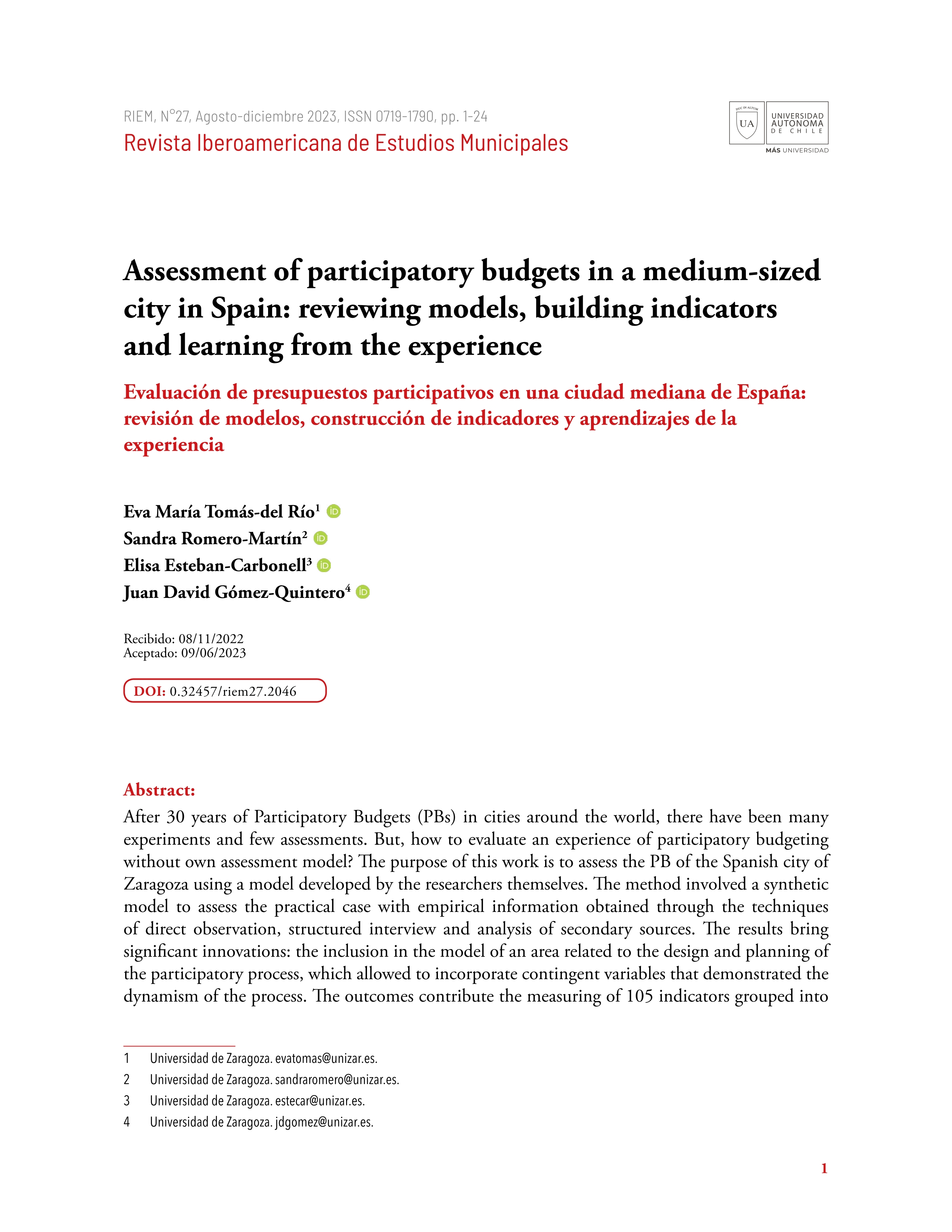 Evaluación de presupuestos participativos en una ciudad mediana de España: revisión de modelos, construcción de indicadores y aprendizajes de la experiencia