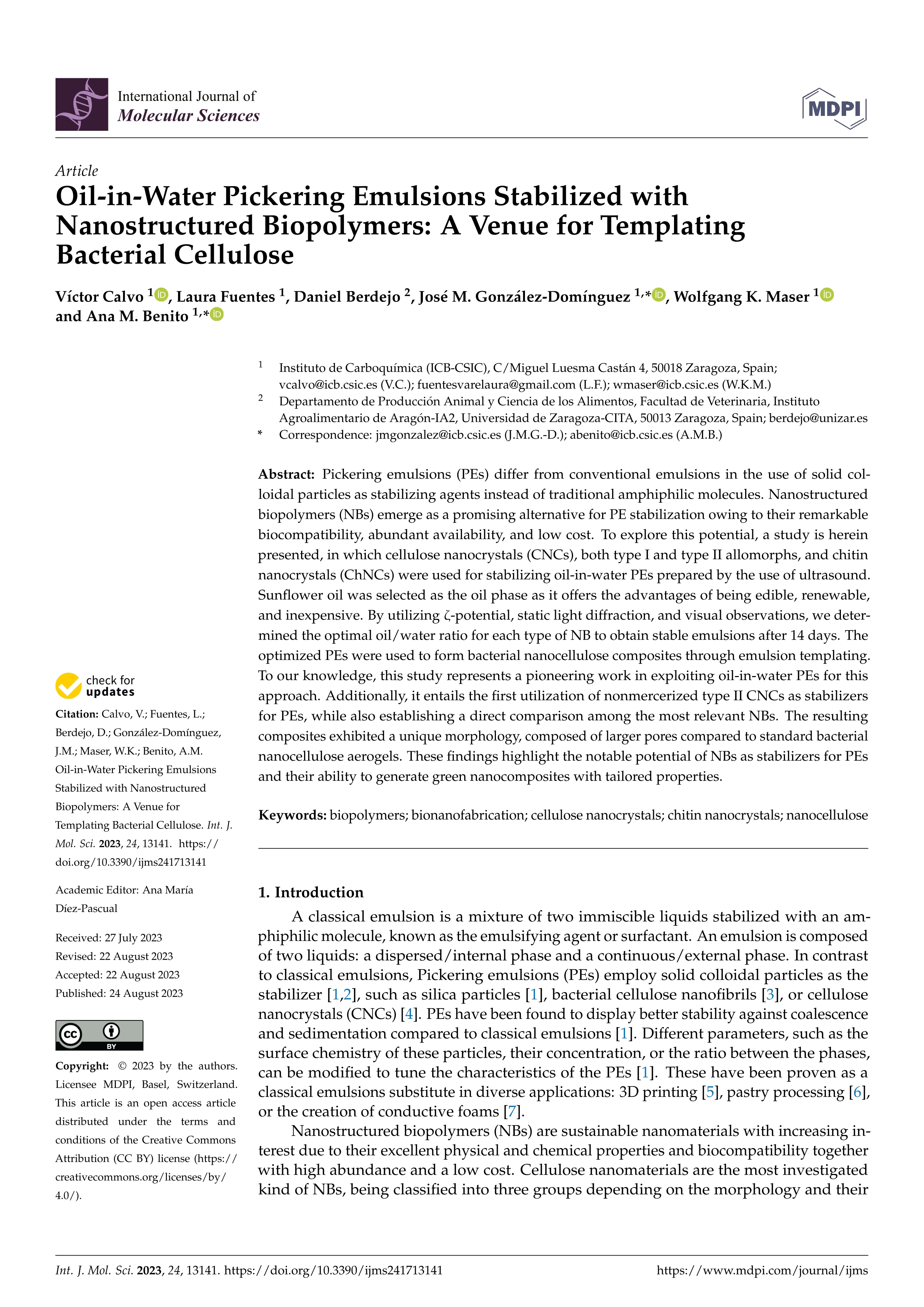 Oil-in-Water Pickering Emulsions Stabilized with Nanostructured Biopolymers: A Venue for Templating Bacterial Cellulose