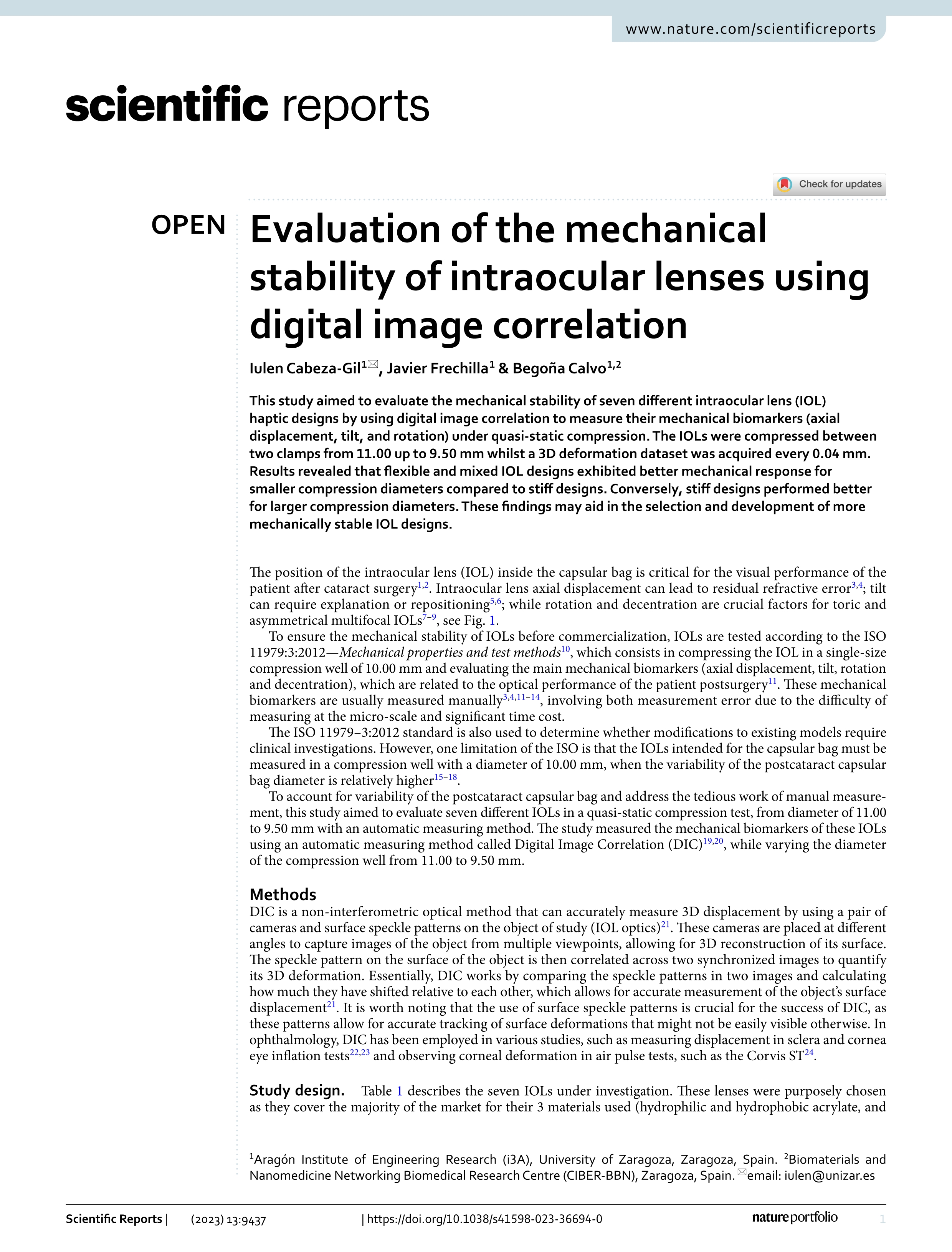 Evaluation of the mechanical stability of intraocular lenses using digital image correlation