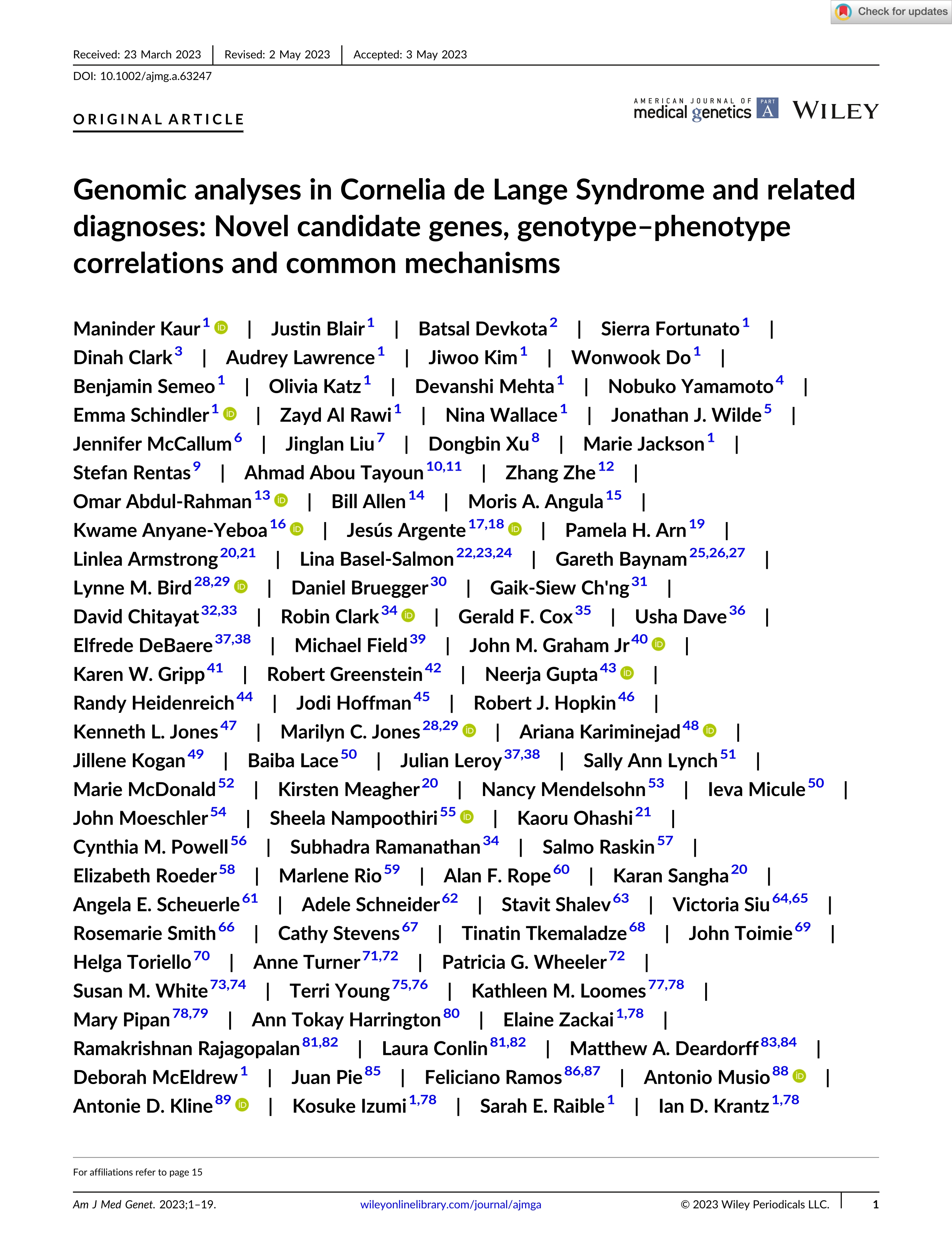 Genomic analyses in Cornelia de Lange Syndrome and related diagnoses: Novel candidate genes, <scp>genotype–phenotype</scp> correlations and common mechanisms