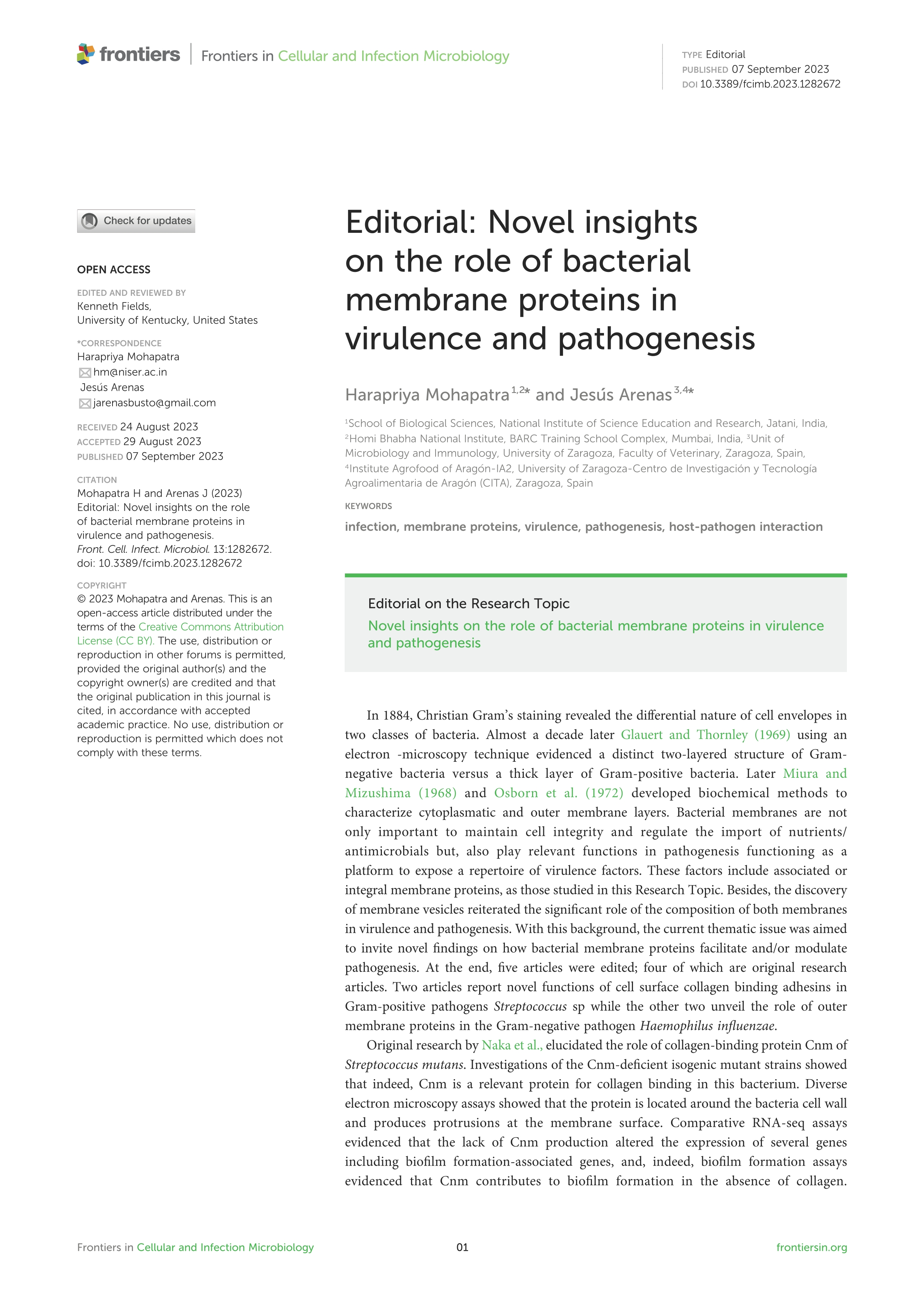 Editorial: Novel insights on the role of bacterial membrane proteins in virulence and pathogenesis