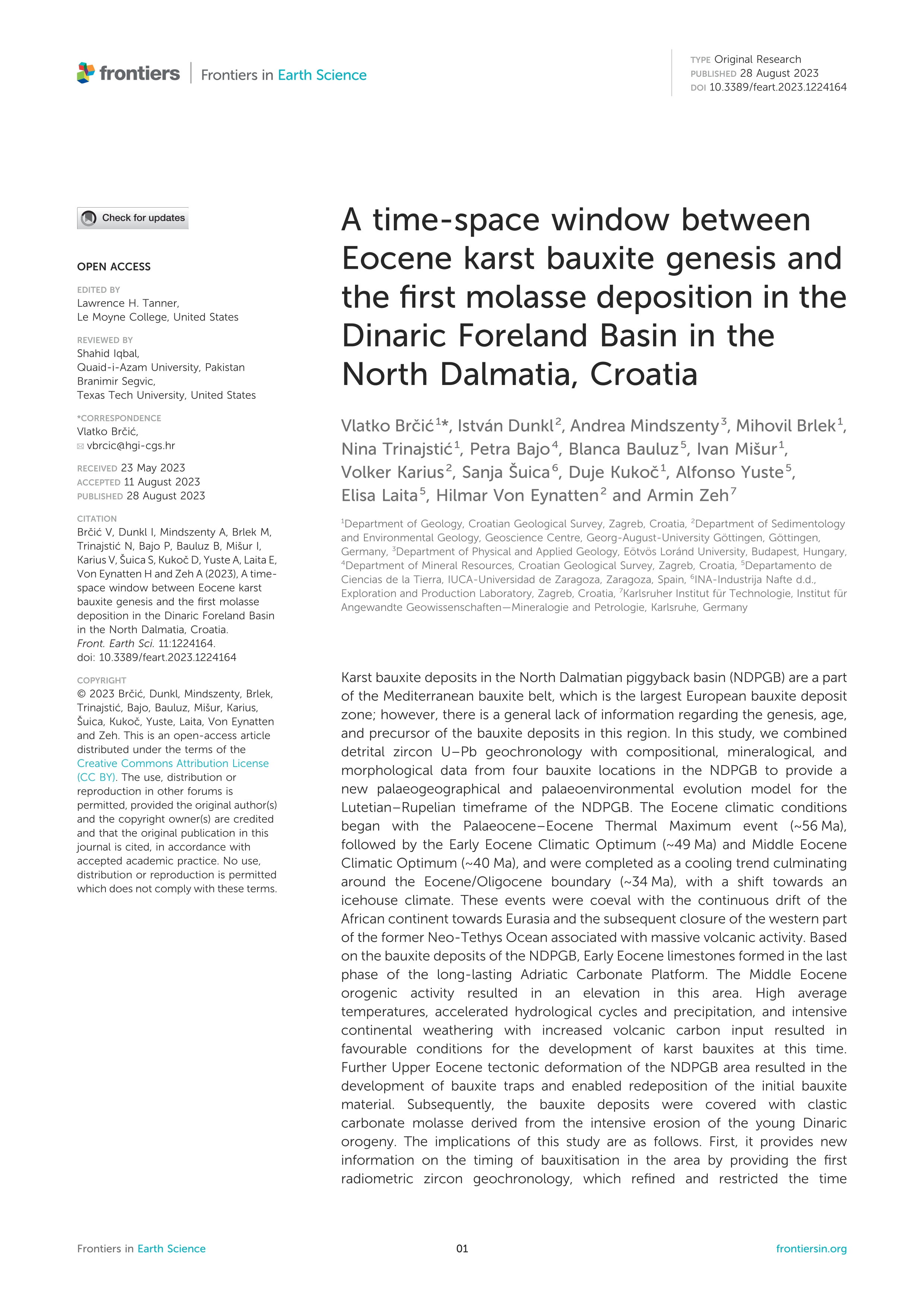 A time-space window between Eocene karst bauxite genesis and the first molasse deposition in the Dinaric Foreland Basin in the North Dalmatia, Croatia