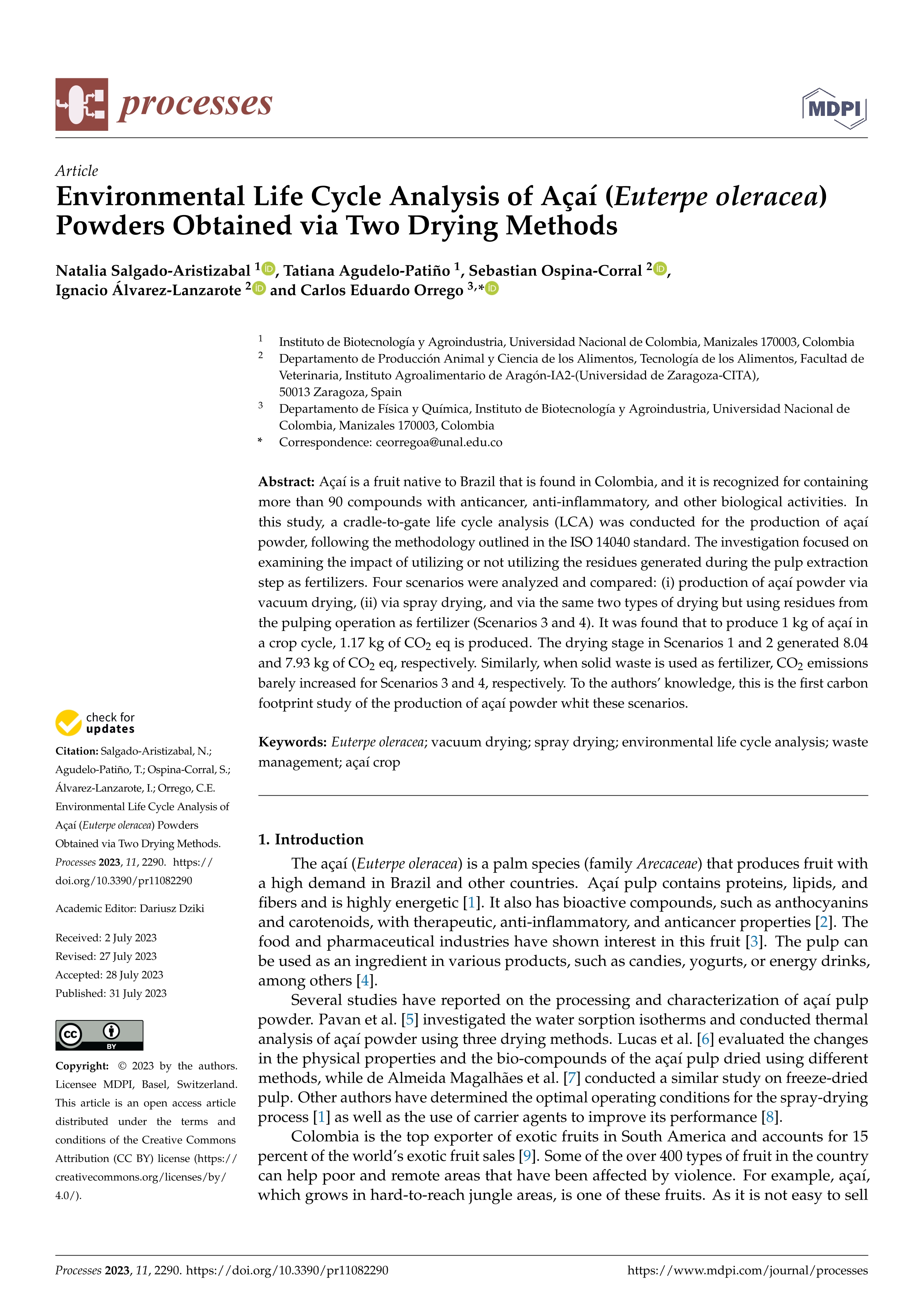 Environmental Life Cycle Analysis of Açaí (Euterpe oleracea) Powders Obtained via Two Drying Methods