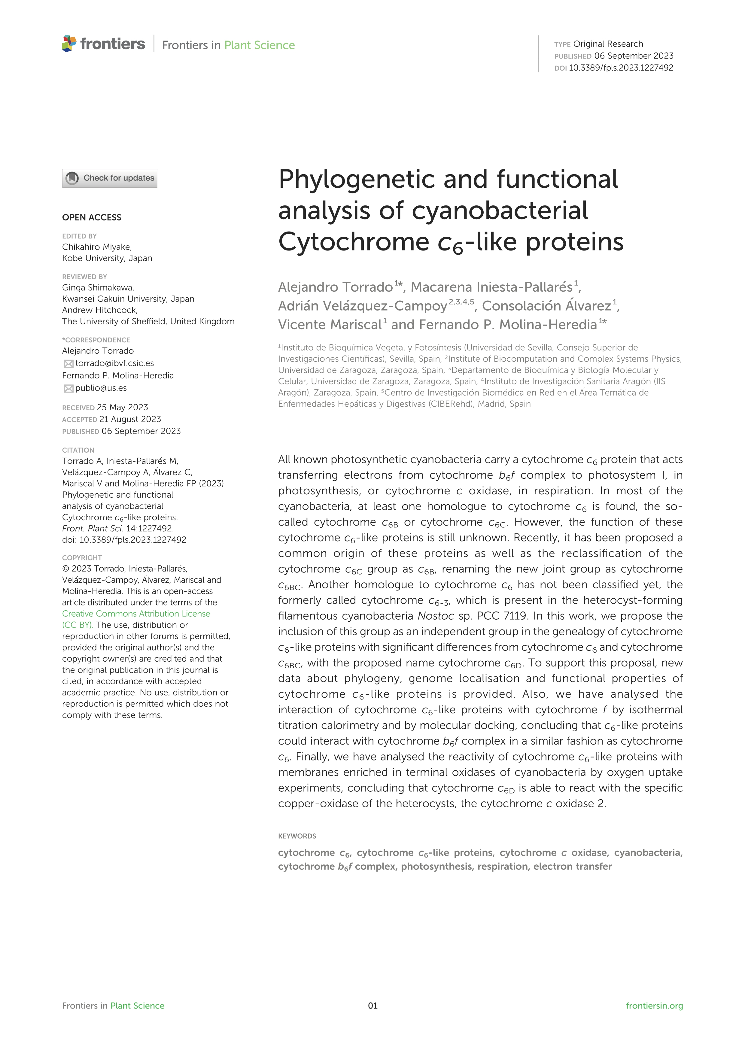 Phylogenetic and functional analysis of cyanobacterial Cytochrome c6-like proteins