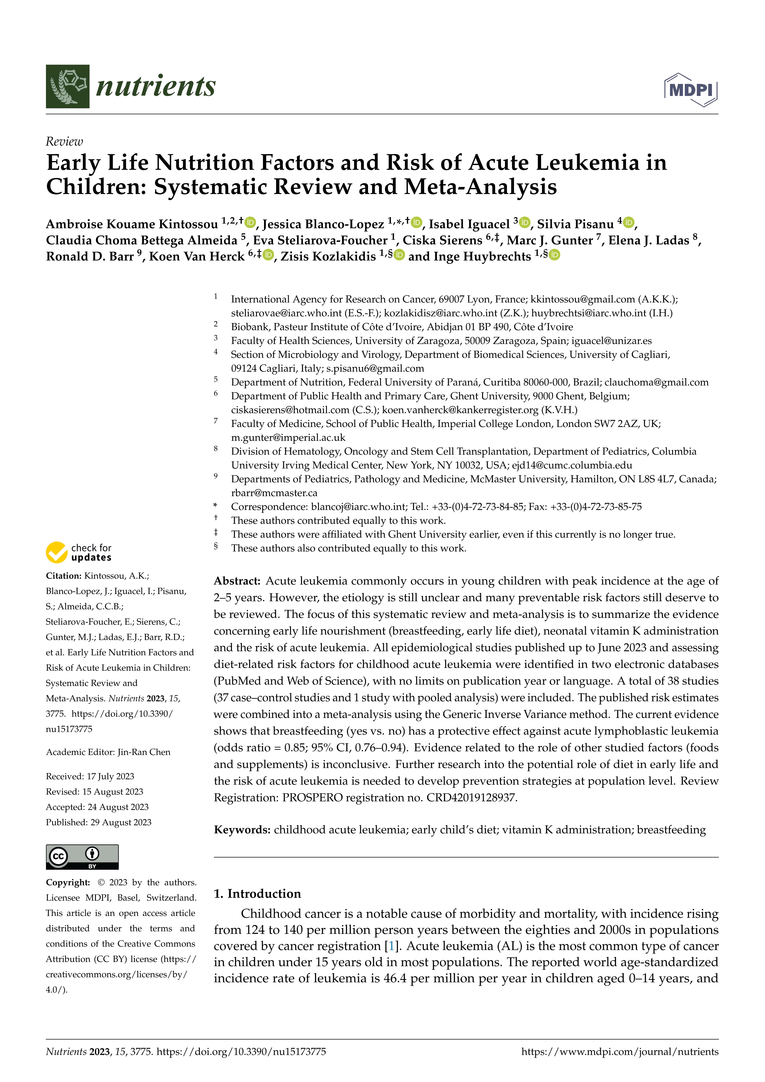 Early Life Nutrition Factors and Risk of Acute Leukemia in Children: Systematic Review and Meta-Analysis