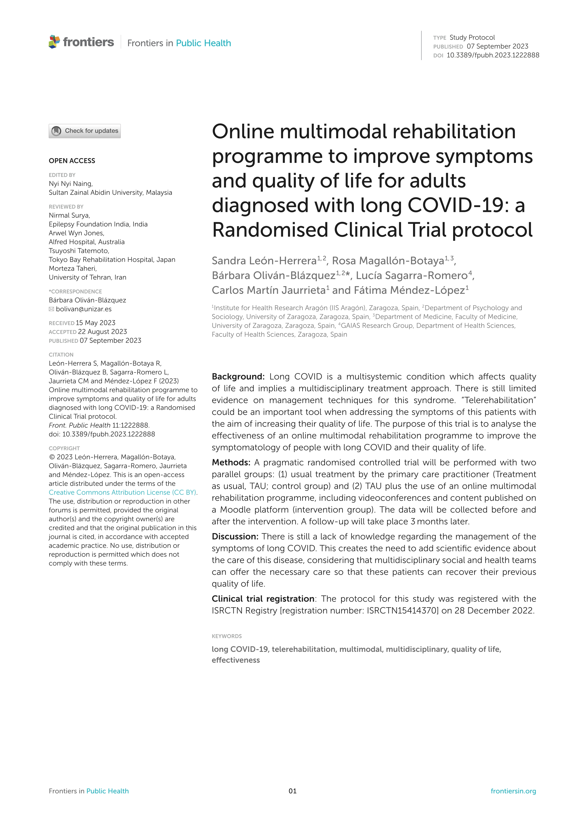 Online multimodal rehabilitation programme to improve symptoms and quality of life for adults diagnosed with long COVID-19: a Randomised Clinical Trial protocol