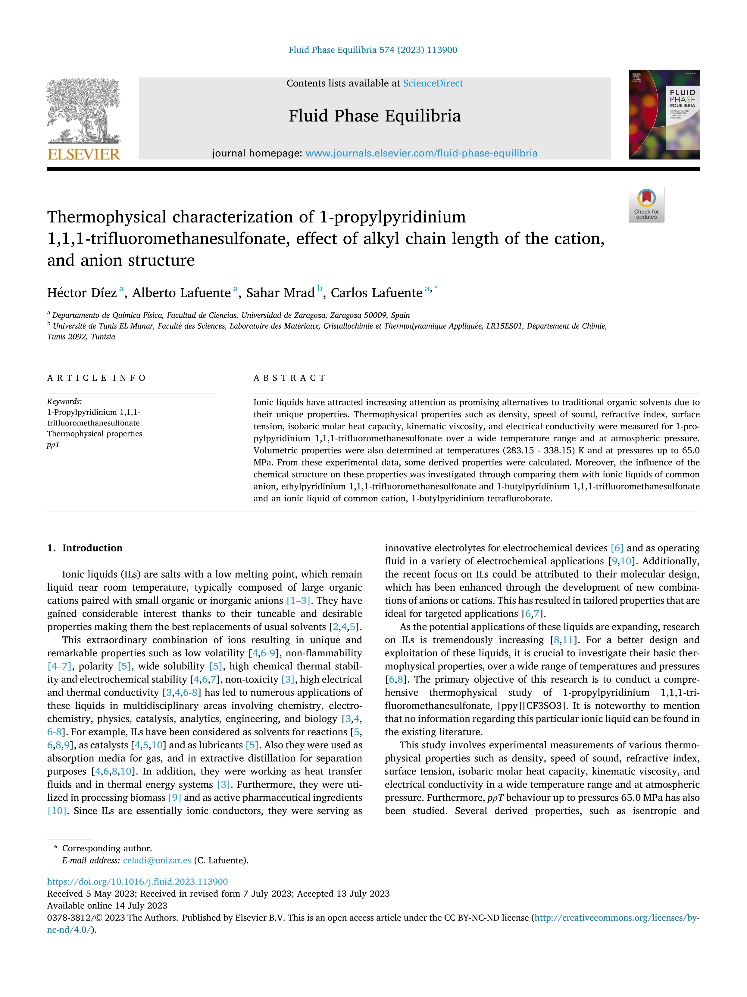 Thermophysical characterization of 1-propylpyridinium 1,1,1-trifluoromethanesulfonate, effect of alkyl chain length of the cation, and anion structure