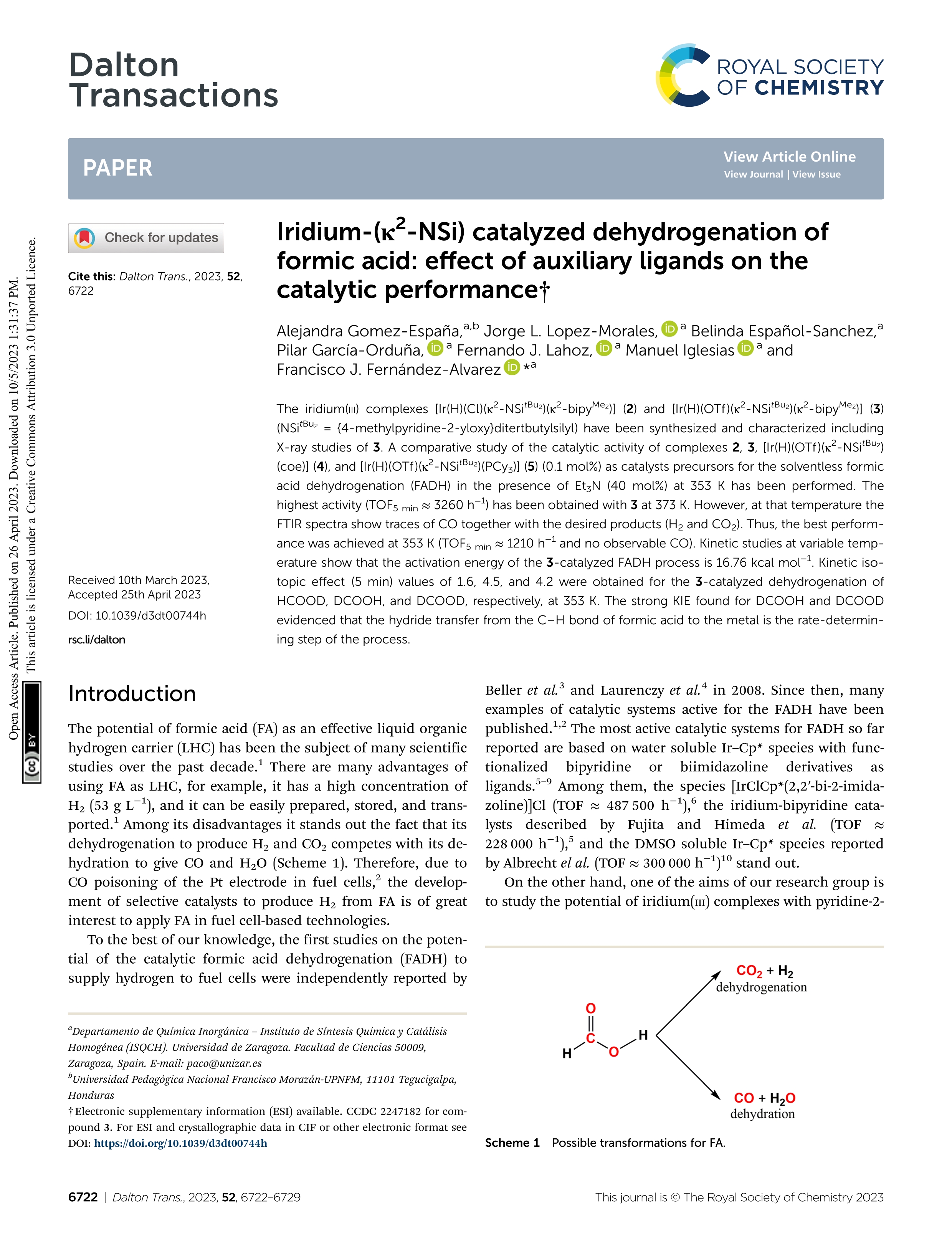 Iridium-(K2-NSi) catalyzed dehydrogenation of formic acid: effect of auxiliary ligands on the catalytic performance