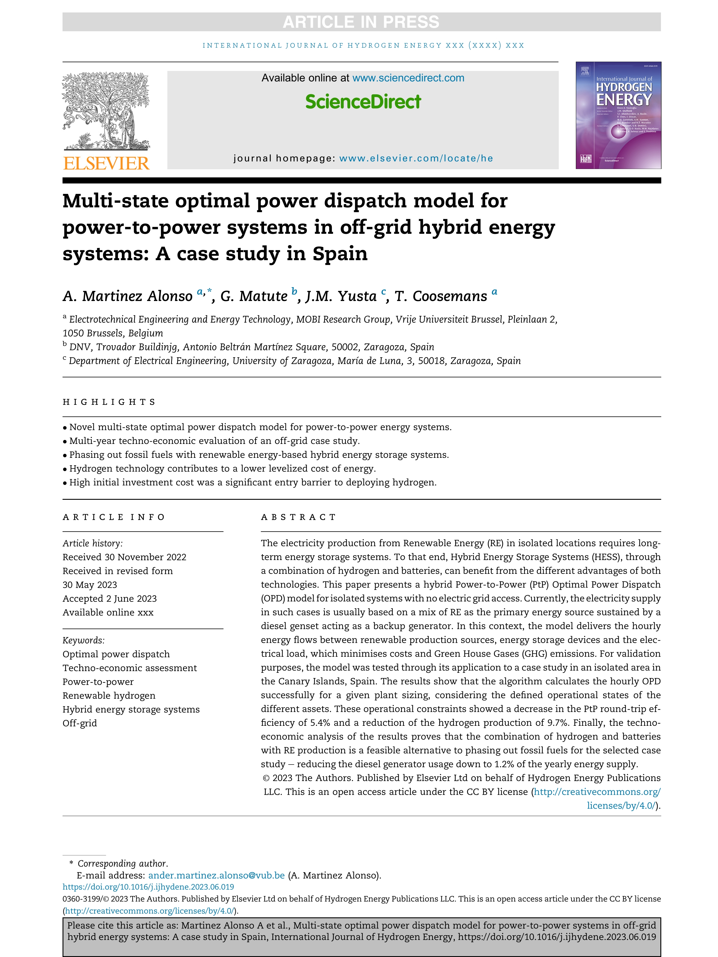 Multi-state optimal power dispatch model for power-to-power systems in off-grid hybrid energy systems: A case study in Spain