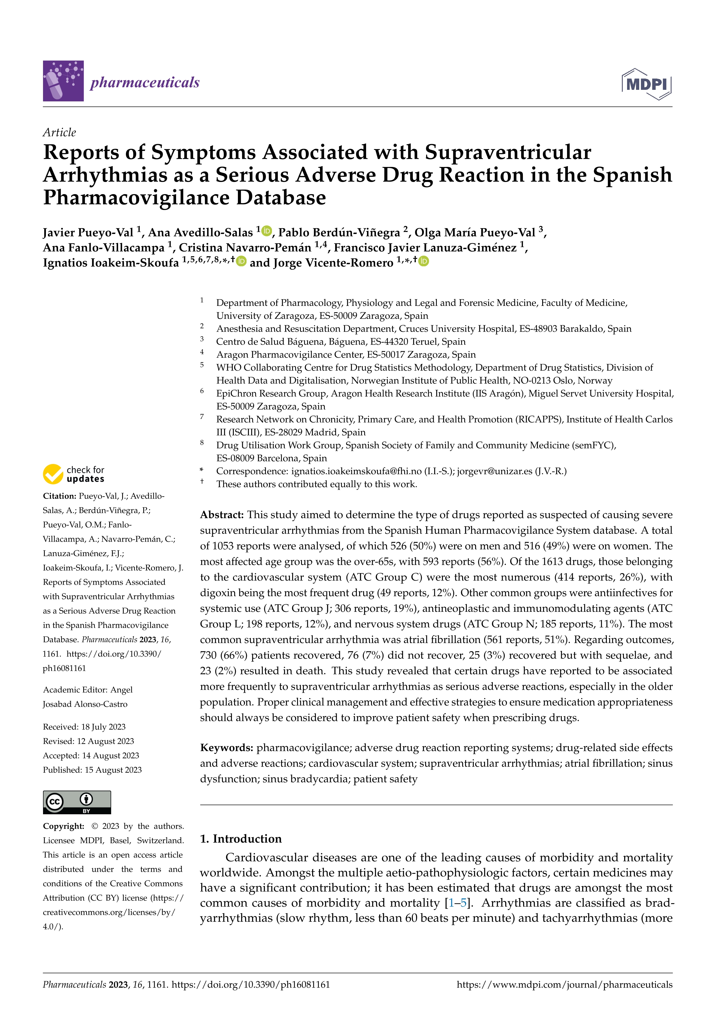Reports of Symptoms Associated with Supraventricular Arrhythmias as a Serious Adverse Drug Reaction in the Spanish Pharmacovigilance Database