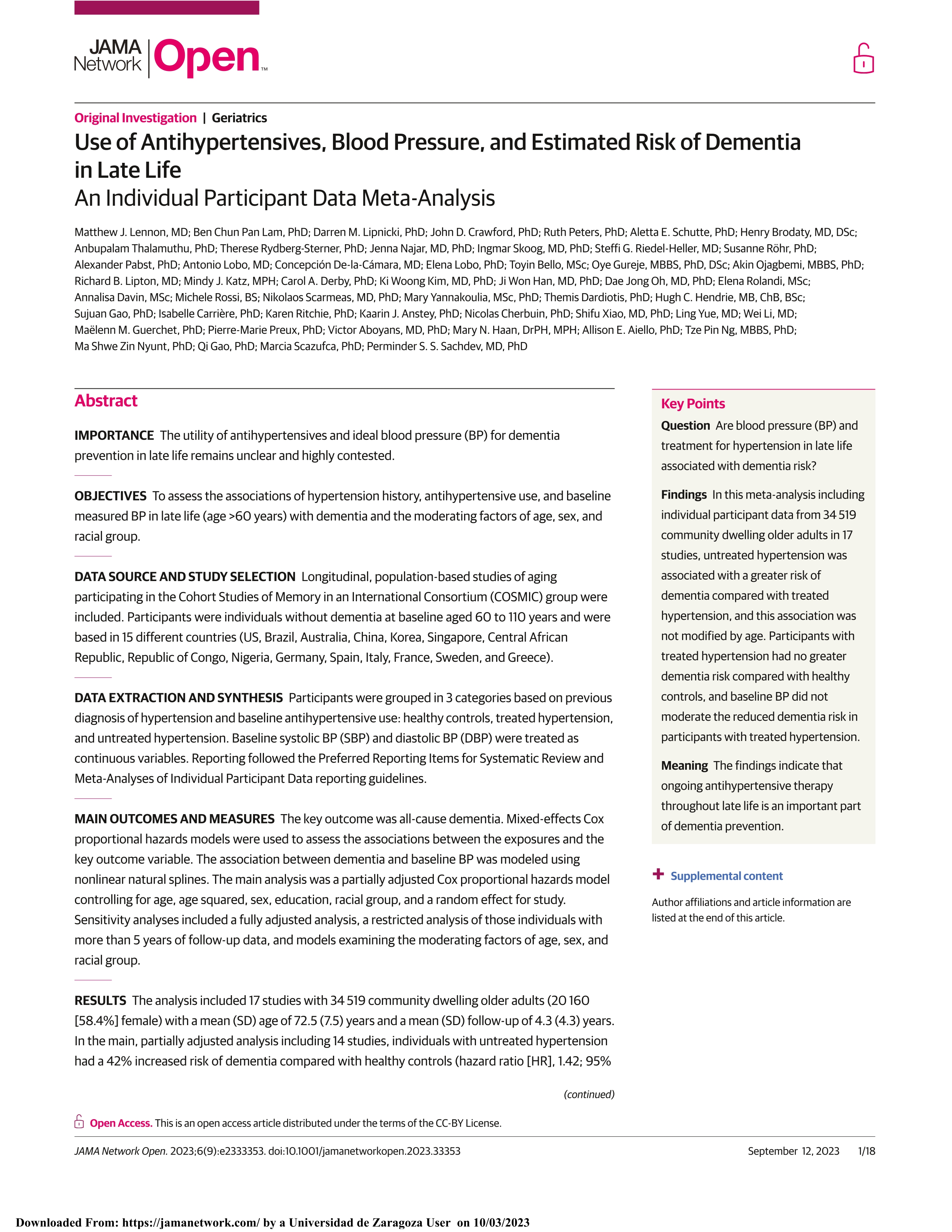 Use of Antihypertensives, Blood Pressure, and Estimated Risk of Dementia in Late Life