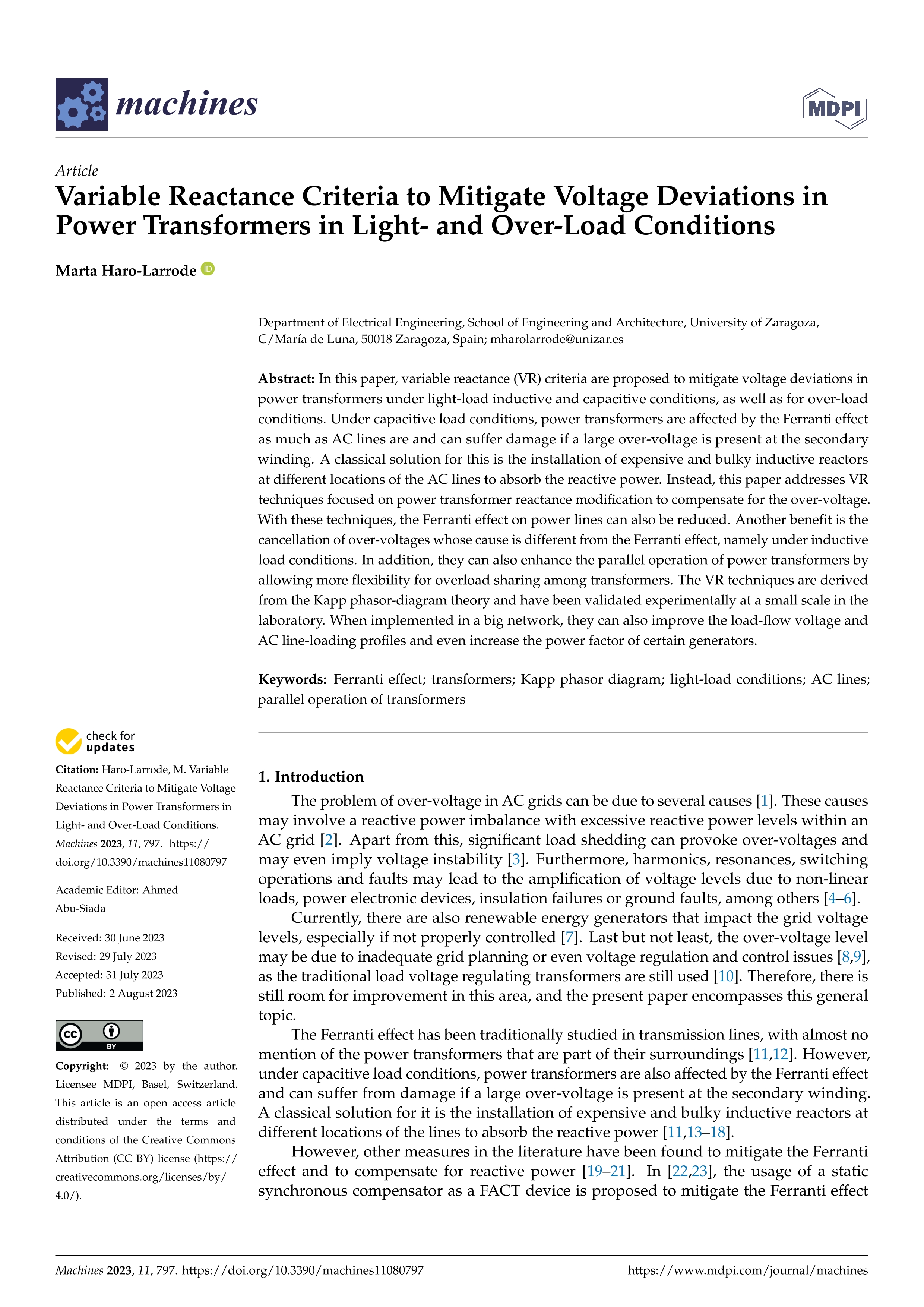 Variable Reactance Criteria to Mitigate Voltage Deviations in Power Transformers in Light- and Over-Load Conditions
