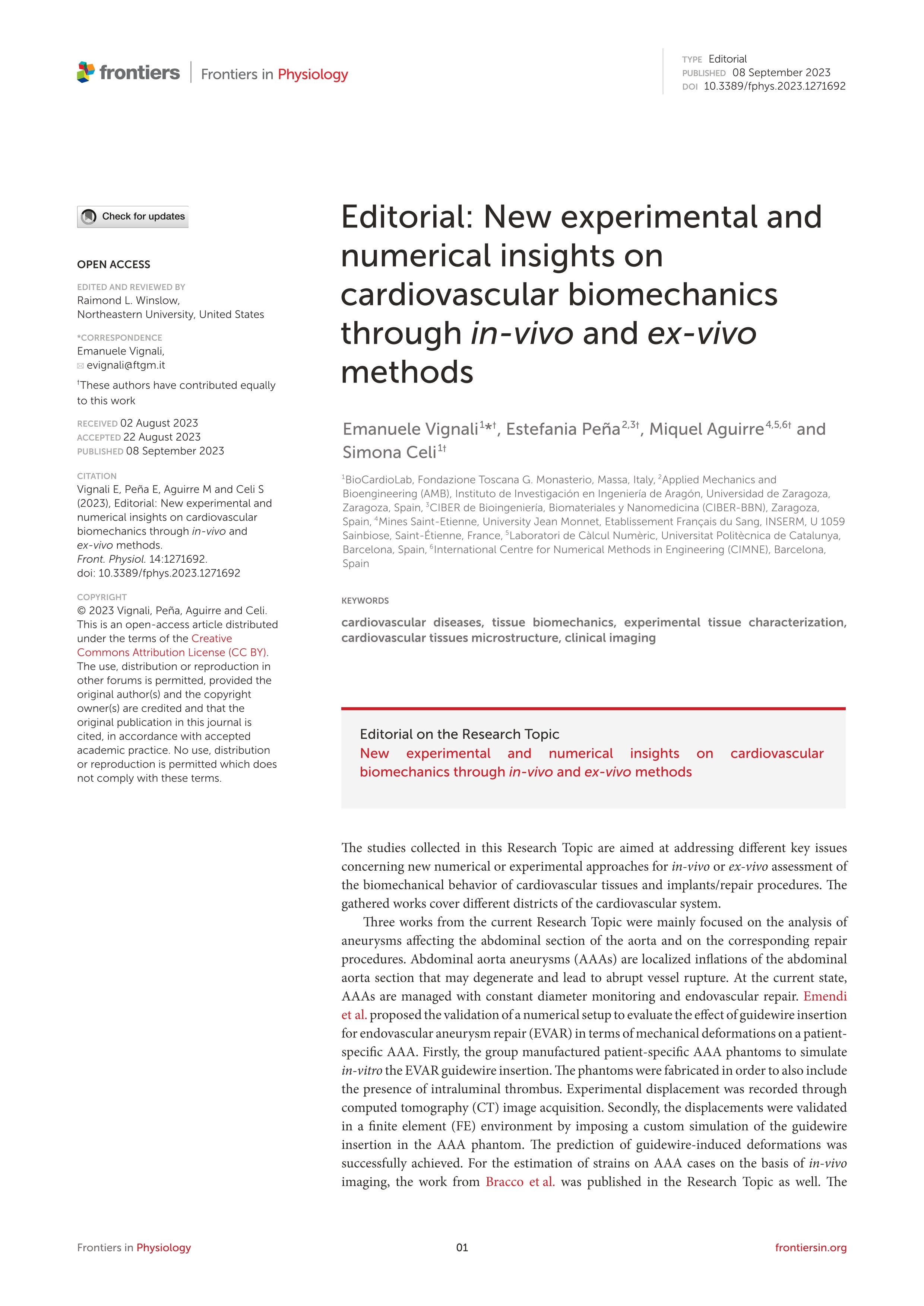 Editorial: New experimental and numerical insights on cardiovascular biomechanics through in-vivo and ex-vivo methods