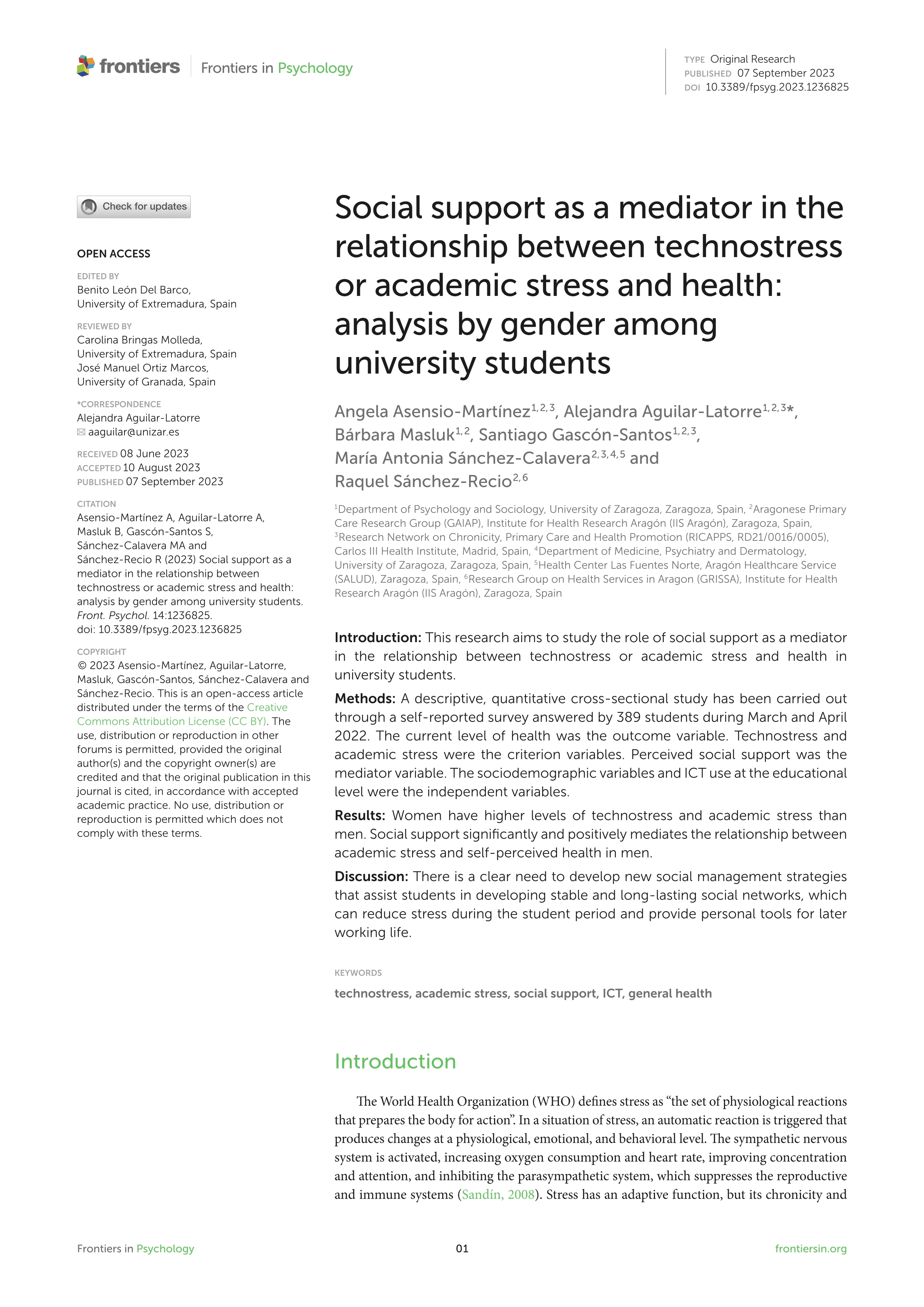 Social support as a mediator in the relationship between technostress or academic stress and health: analysis by gender among university students