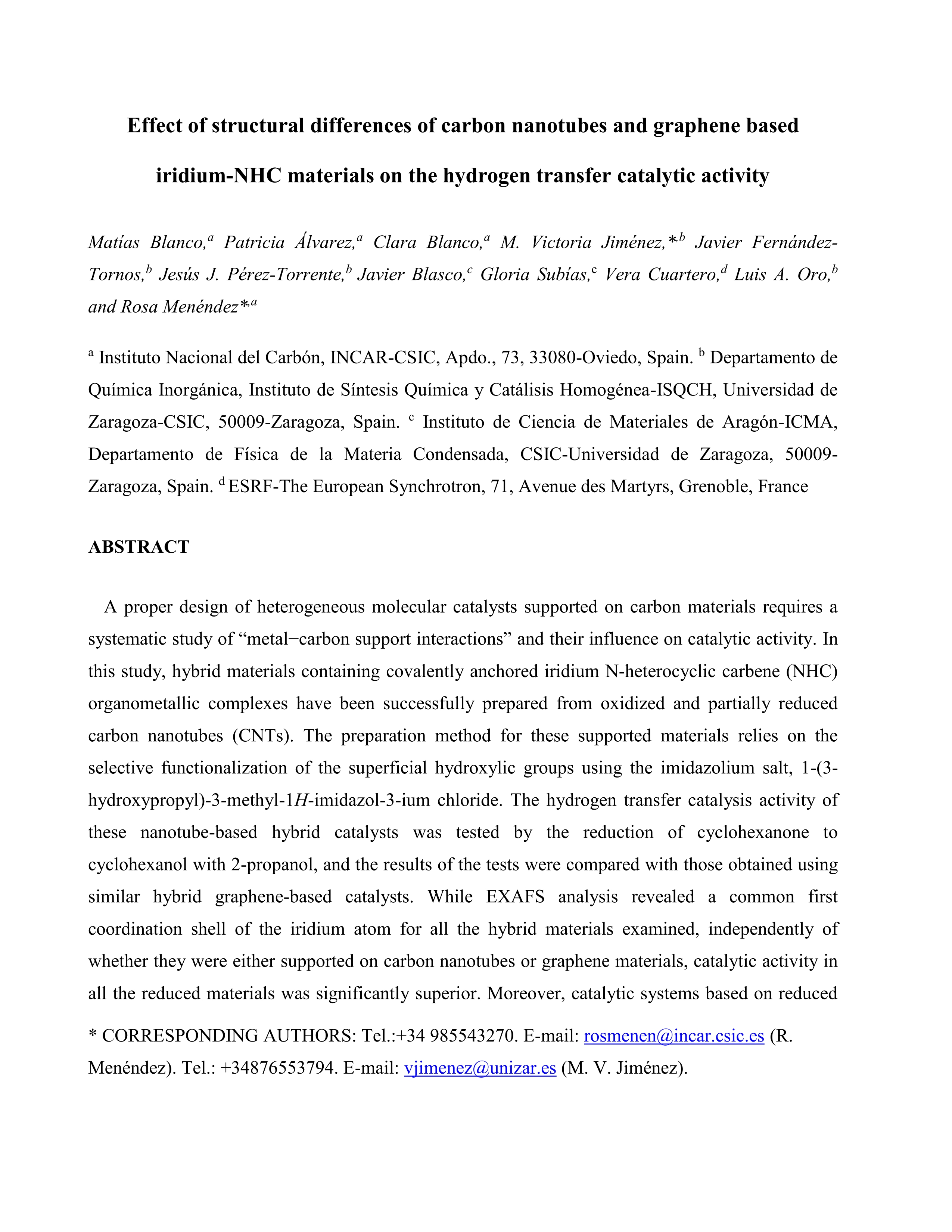 Effect of structural differences of carbon nanotubes and graphene based iridium-NHC materials on the hydrogen transfer catalytic activity