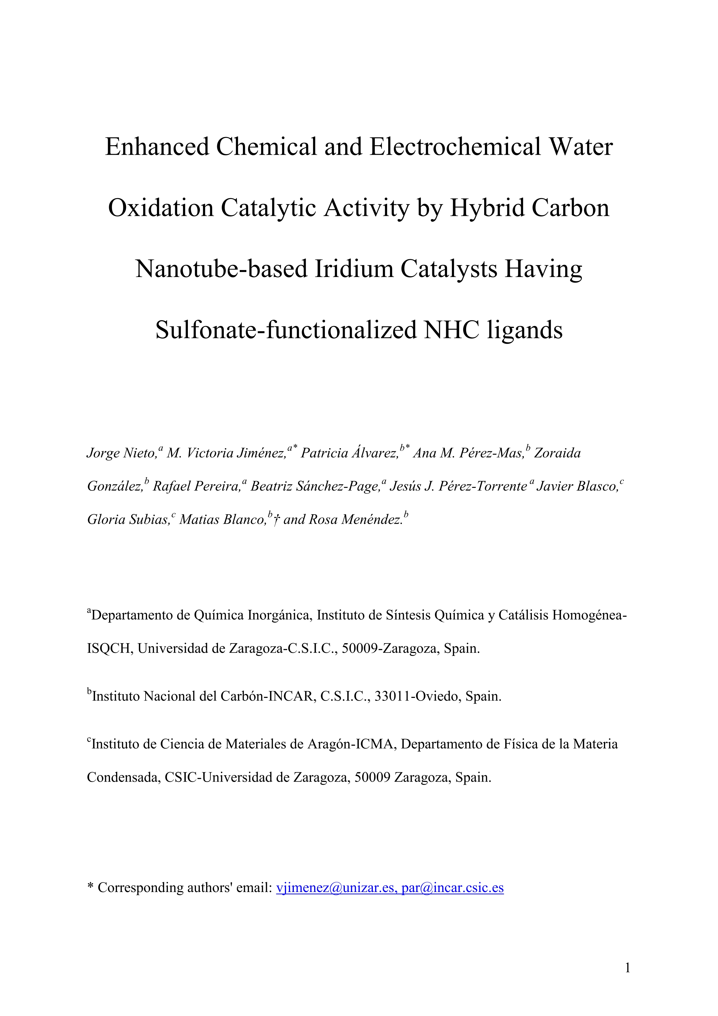 Enhanced Chemical and Electrochemical Water Oxidation Catalytic Activity by Hybrid Carbon Nanotube-Based Iridium Catalysts Having Sulfonate-Functionalized NHC ligands