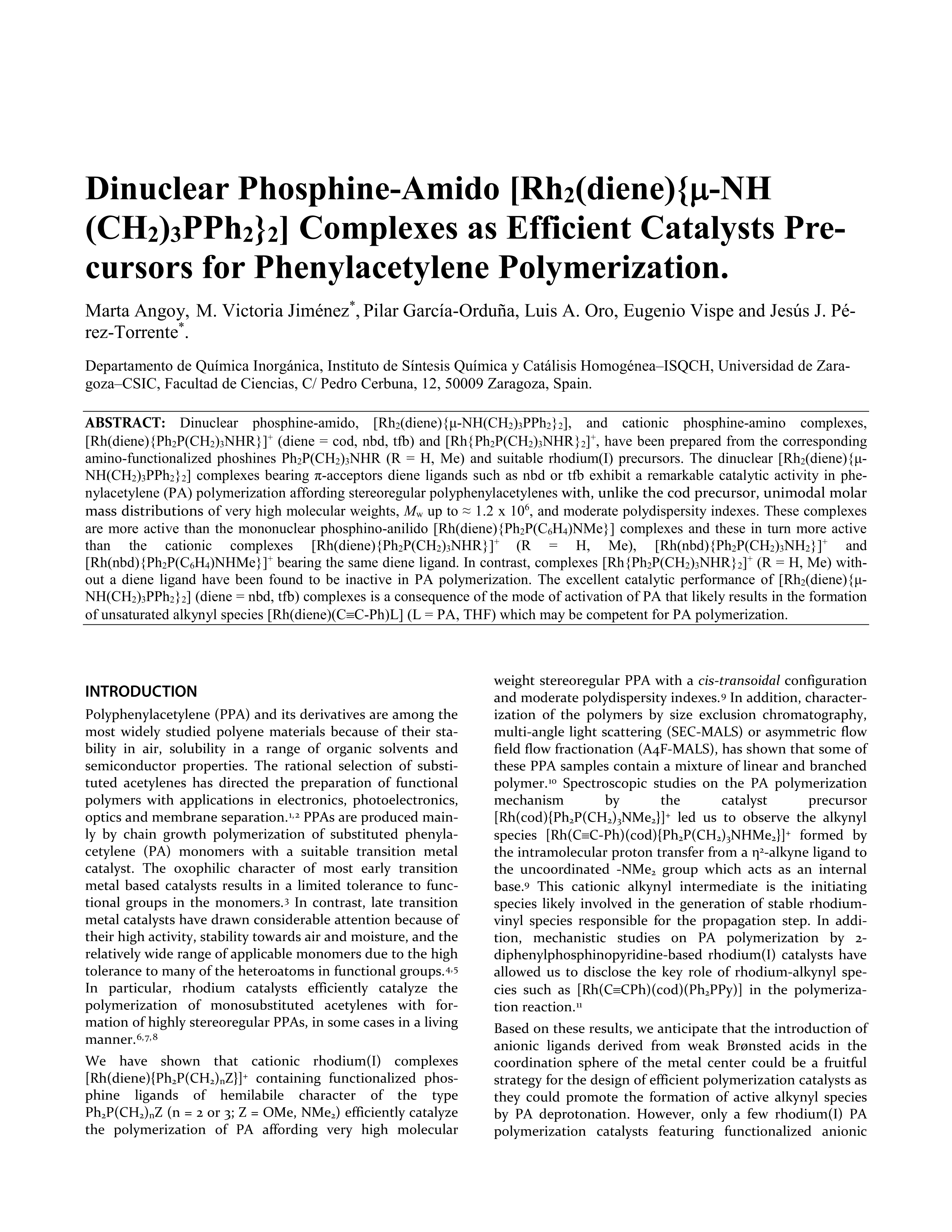 Dinuclear Phosphine-Amido [Rh 2 (diene){µ-NH(CH 2 ) 3 PPh 2 } 2 ] Complexes as Efficient Catalyst Precursors for Phenylacetylene Polymerization