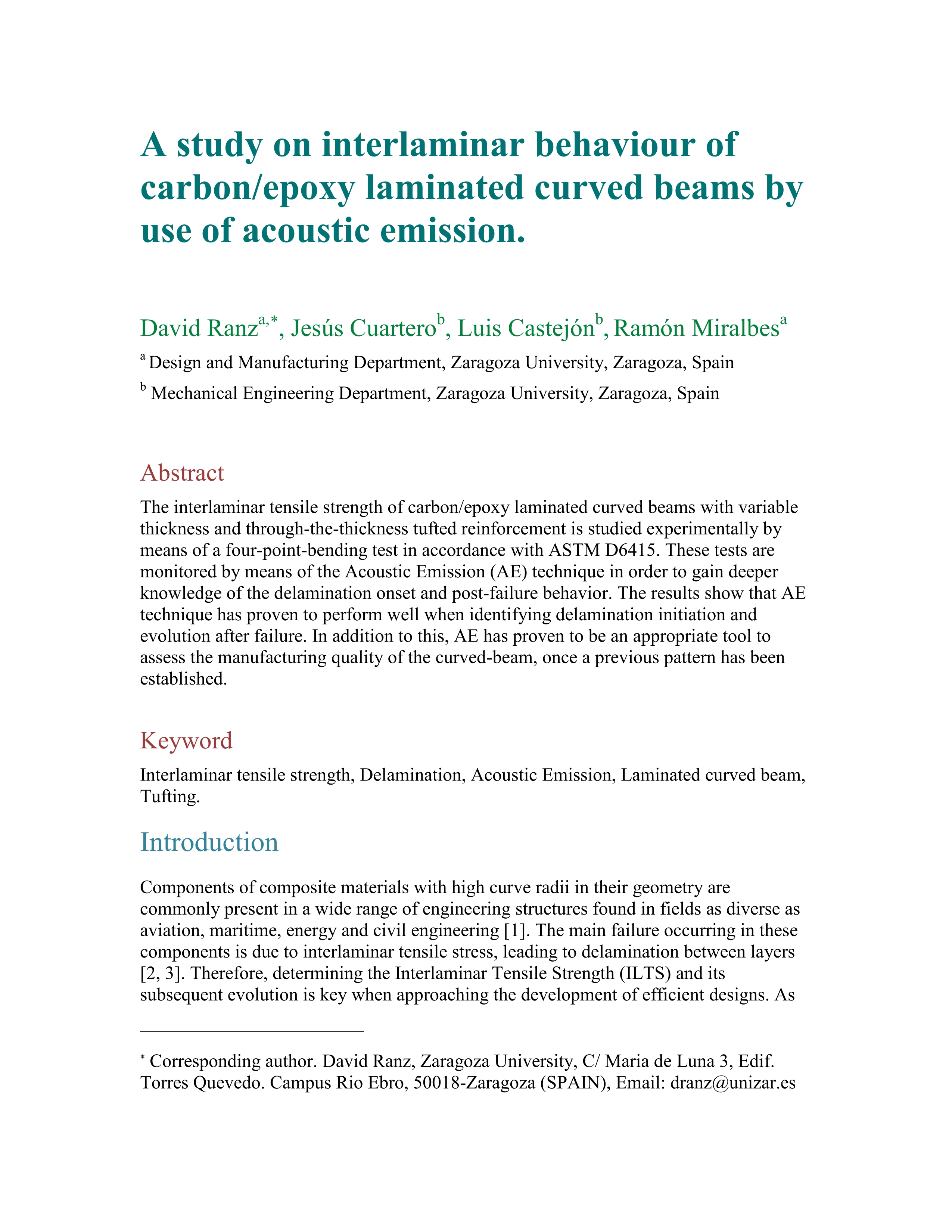 A study on interlaminar behavior of carbon/epoxy laminated curved beams by use of acoustic emission