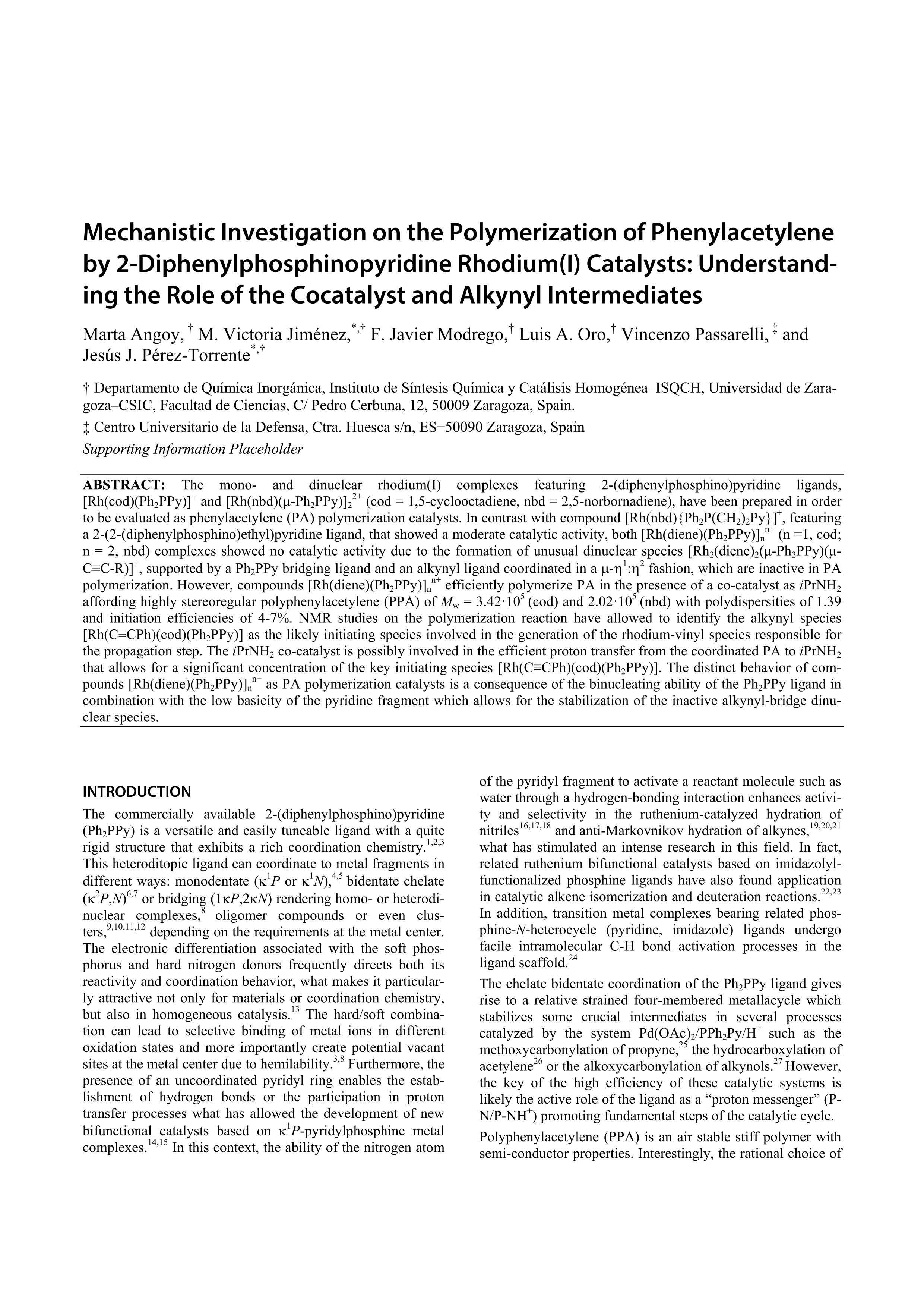 Mechanistic Investigation on the Polymerization of Phenylacetylene by 2-Diphenylphosphinopyridine Rhodium(I) Catalysts: Understanding the Role of the Cocatalyst and Alkynyl Intermediates