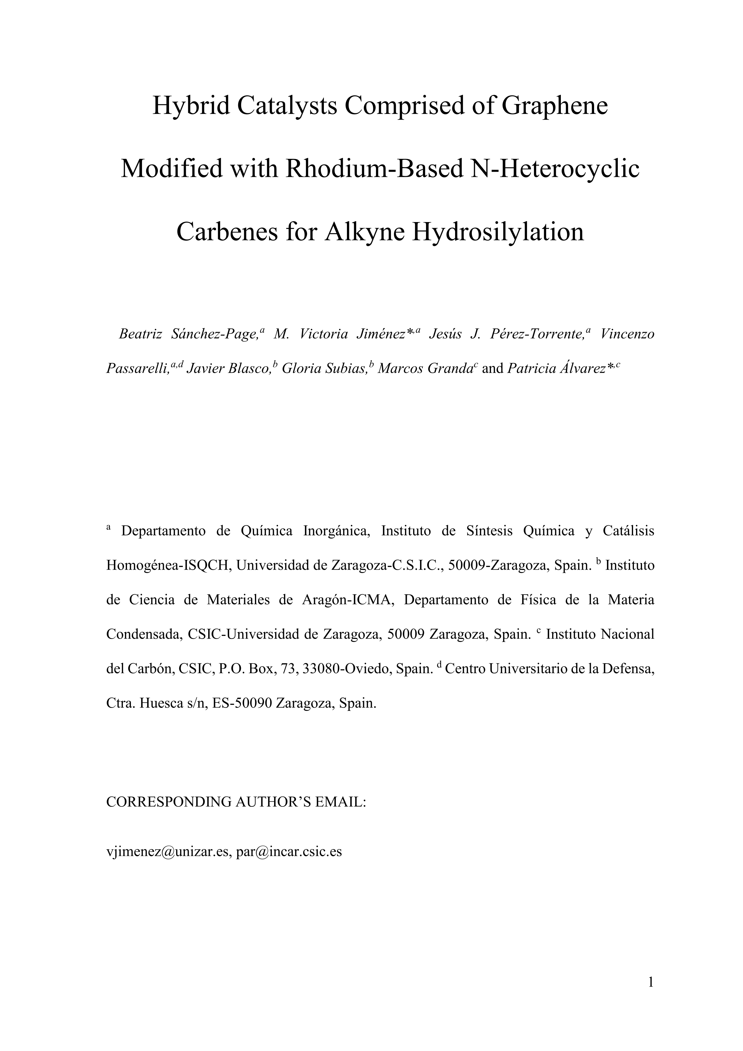 Hybrid Catalysts Comprised of Graphene Modified with Rhodium-Based N-Heterocyclic Carbenes for Alkyne Hydrosilylation