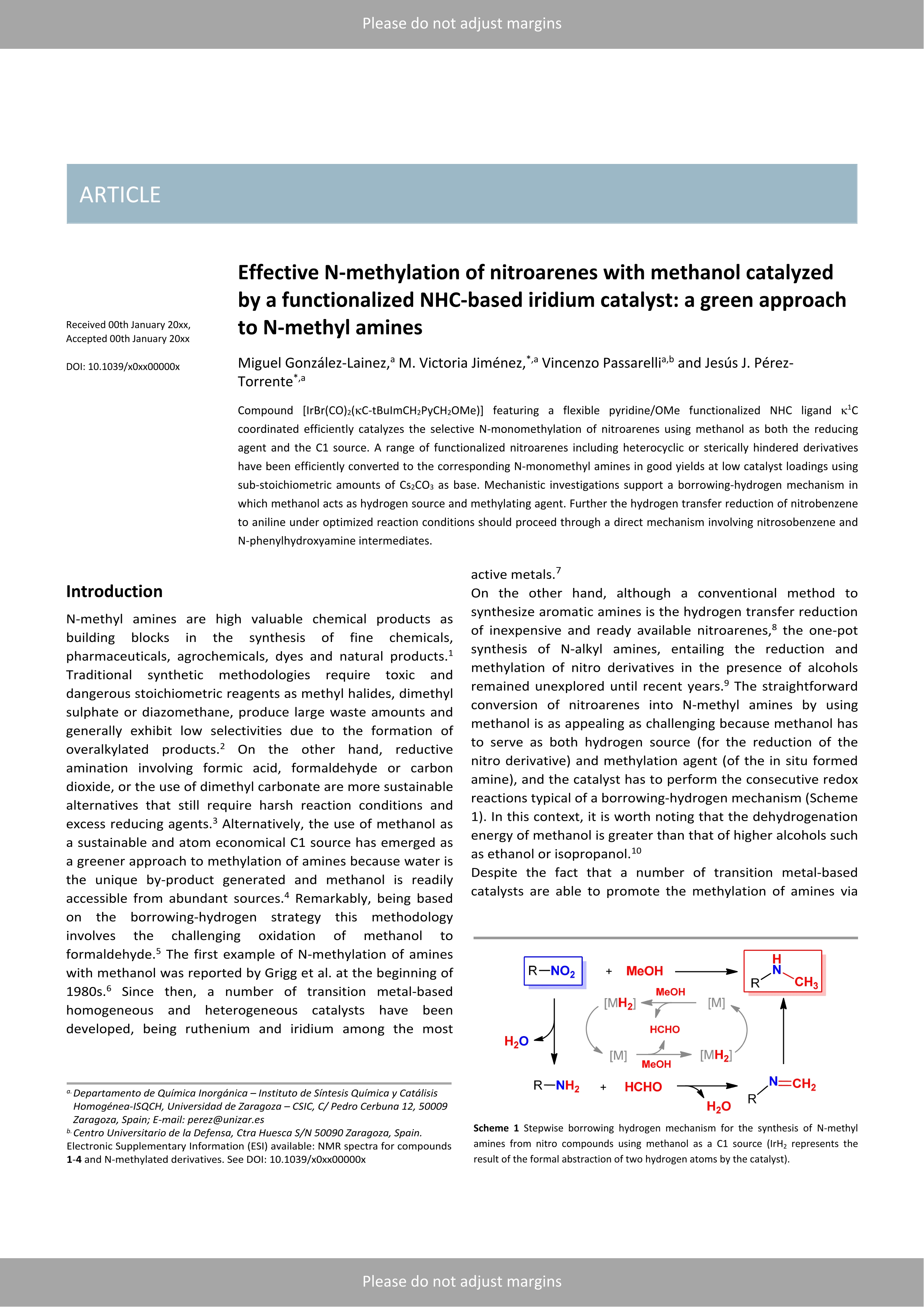 EffectiveN-methylation of nitroarenes with methanol catalyzed by a functionalized NHC-based iridium catalyst: a green approach toN-methyl amines