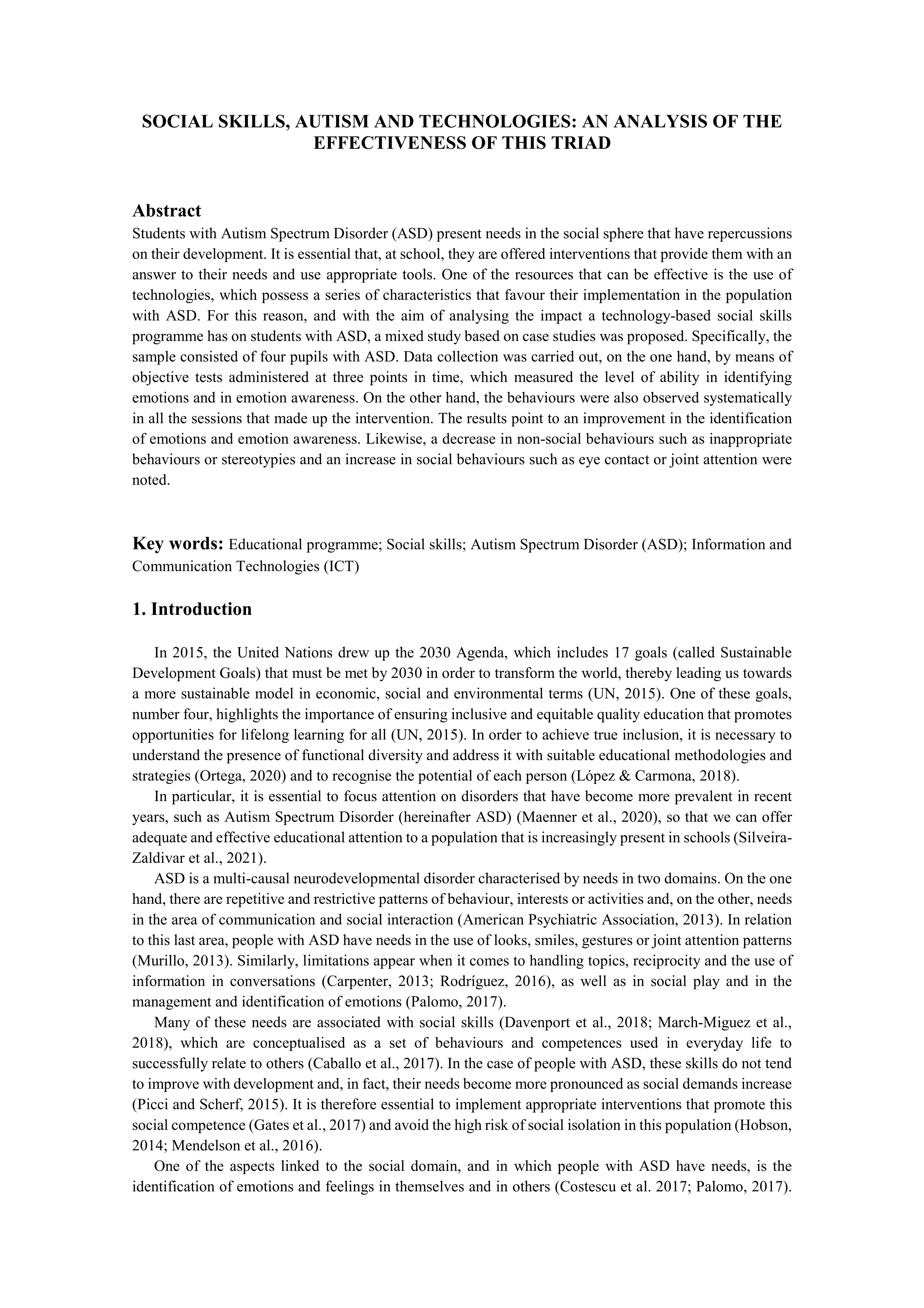 Social skills, autism and technologies: An analysis of the effectiveness of this triad